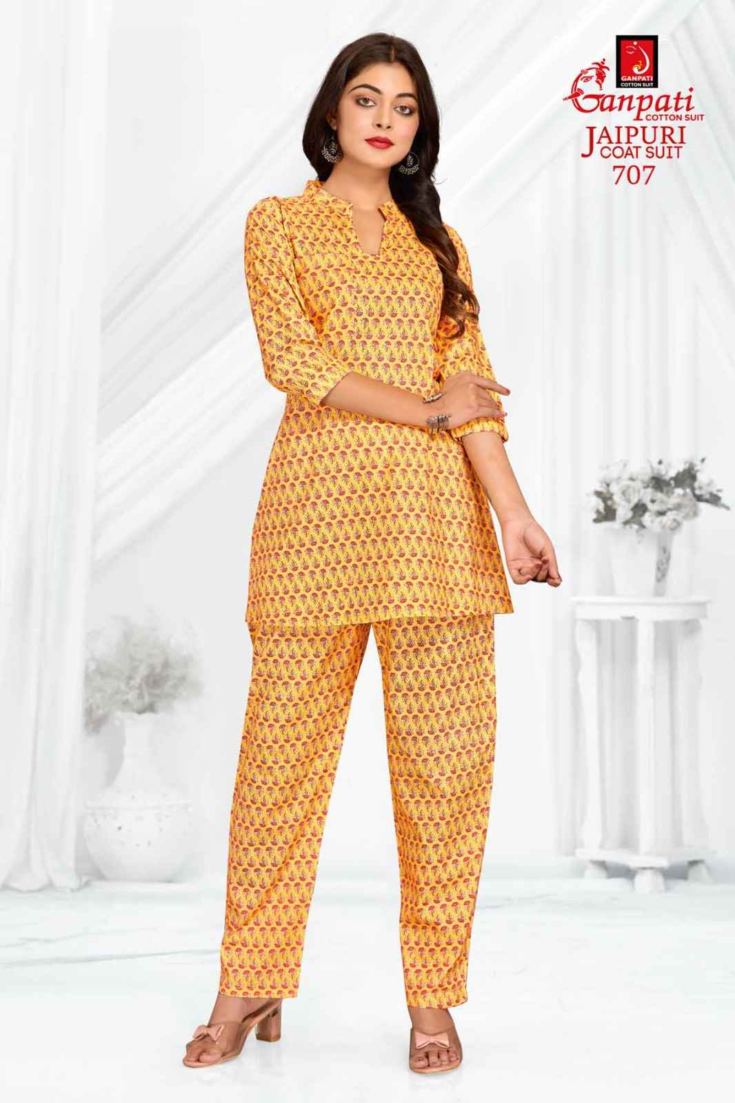 GANPATI JAIPURI COAT SUIT VOL 3 COTTON PRINT FANCY TUNIC WITH PANT CORD