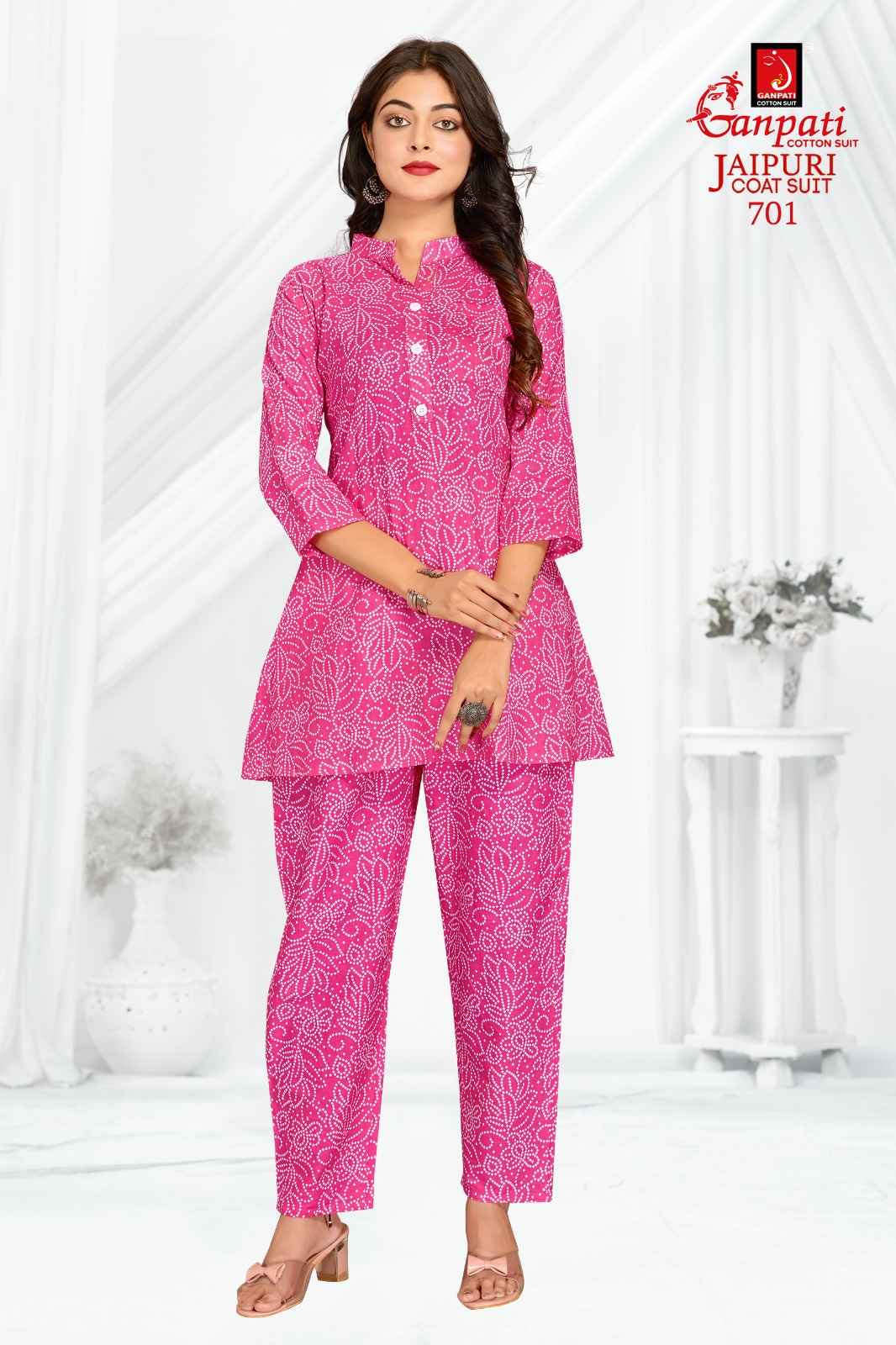 GANPATI JAIPURI COAT SUIT VOL 3 COTTON PRINT FANCY TUNIC WITH PANT CORD