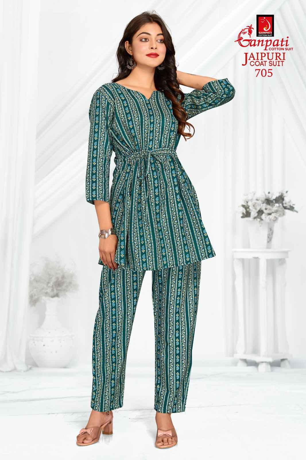 GANPATI JAIPURI COAT SUIT VOL 3 COTTON PRINT FANCY TUNIC WITH PANT CORD