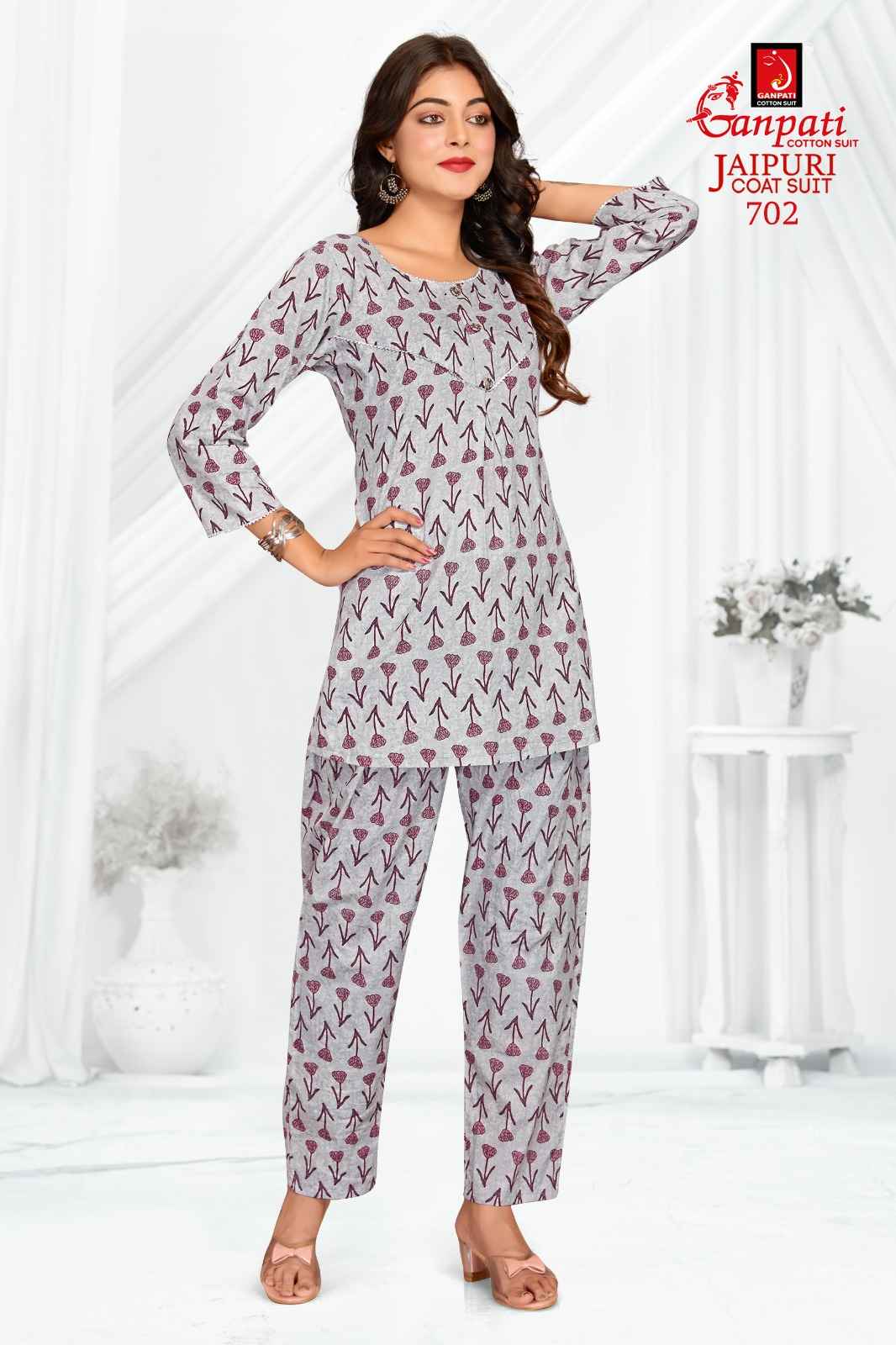 GANPATI JAIPURI COAT SUIT VOL 3 COTTON PRINT FANCY TUNIC WITH PANT CORD