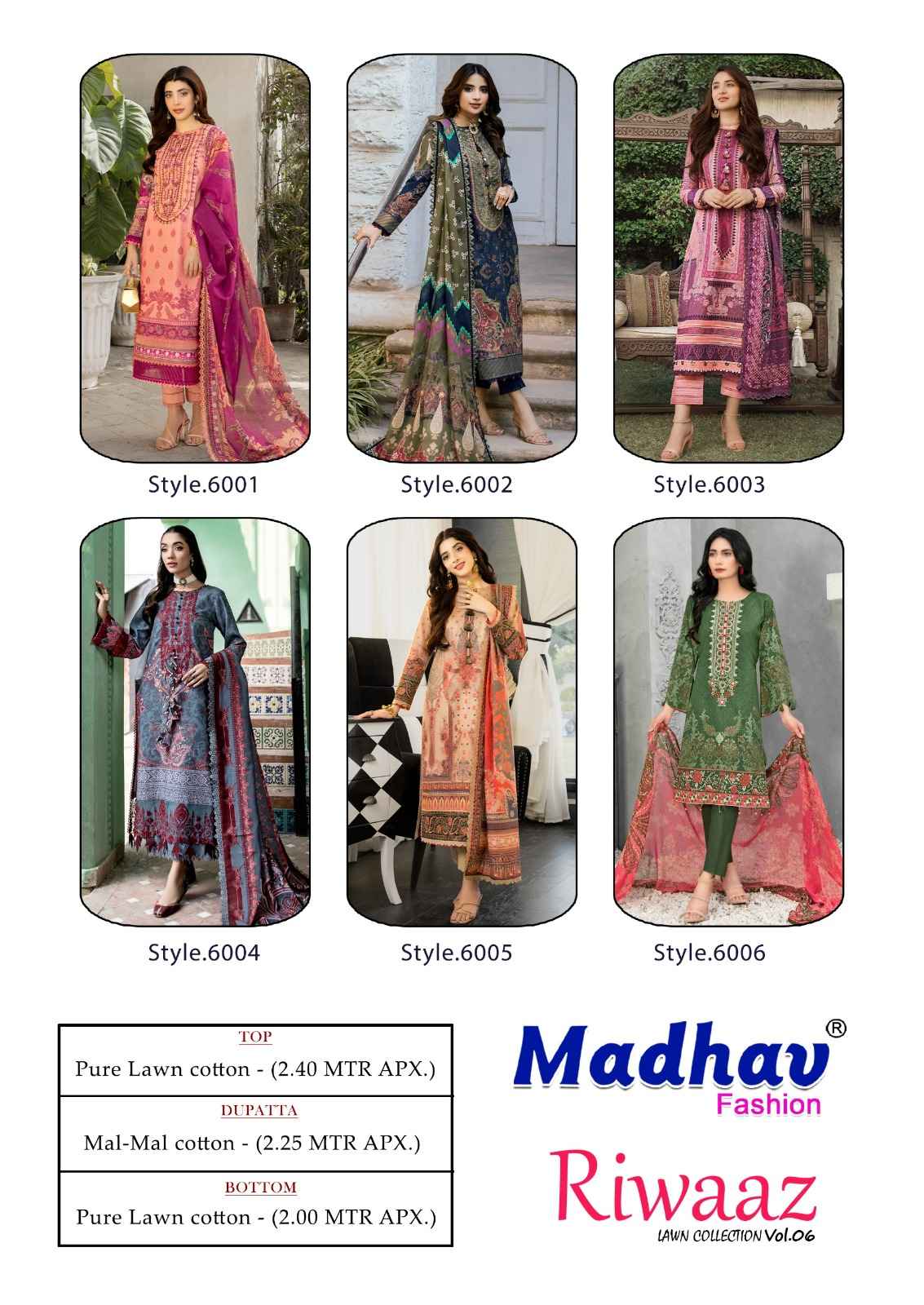 MADHAV FASHION RIWAAZ VOL-6 LAWN COTTON SUITS CATALOG WHOLESALE SUPPLIER SURAT