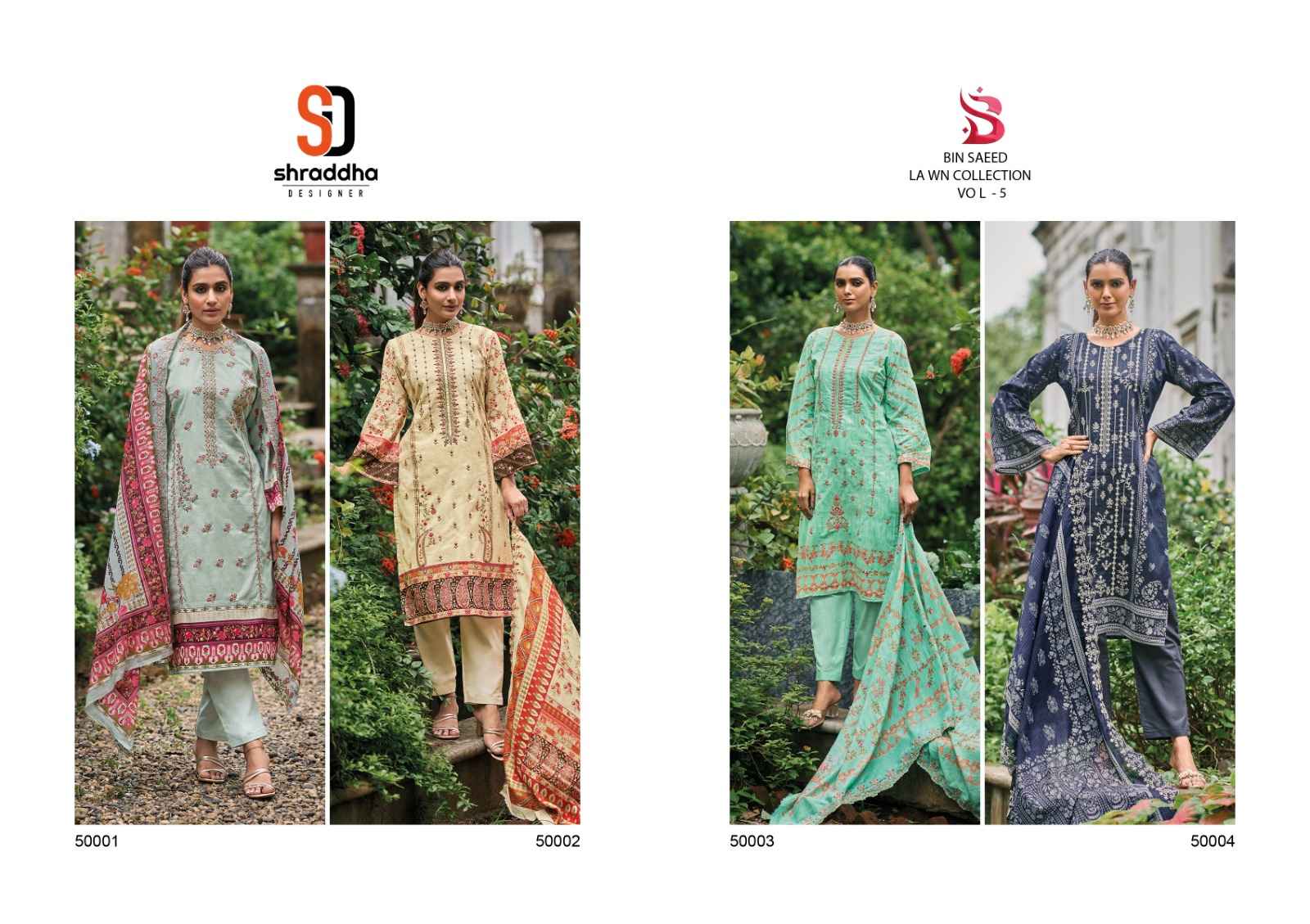 SHARADDHA DESIGNER BIN SAEED LAWN COLLECTION VOL-5 COTTON WITH SELF EMBROIDERY DESIGNER SUITS