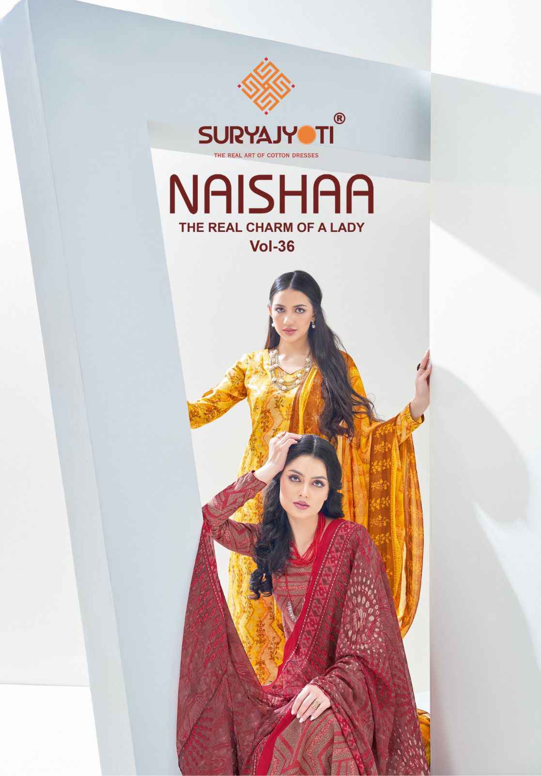 SURYAJYOTI NAISHAA VOL 36 PRINTED SATIN COTTON DRESS MATERIALS WHOLESALER SURAT