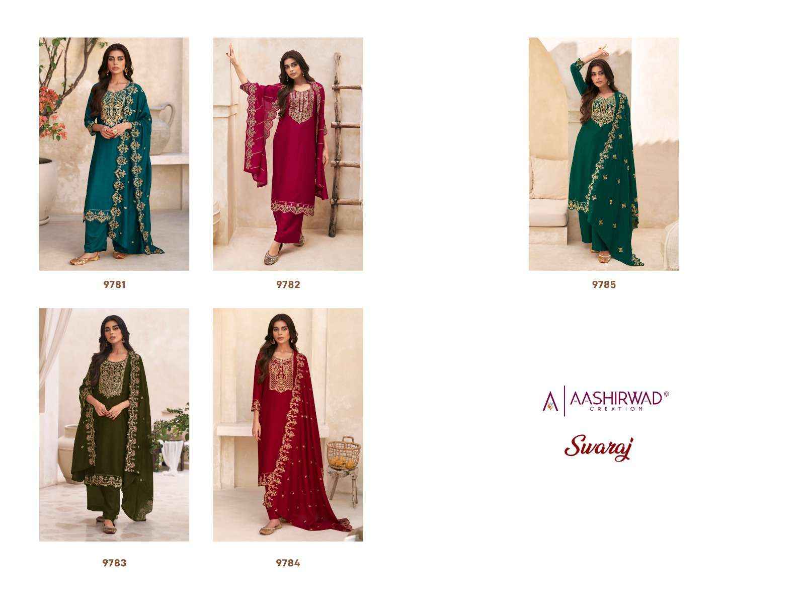 AASHIRWAD CREATION SWARAJ EMBROIDERY DESIGNER SUITS ( 5 PCS CATALOG )