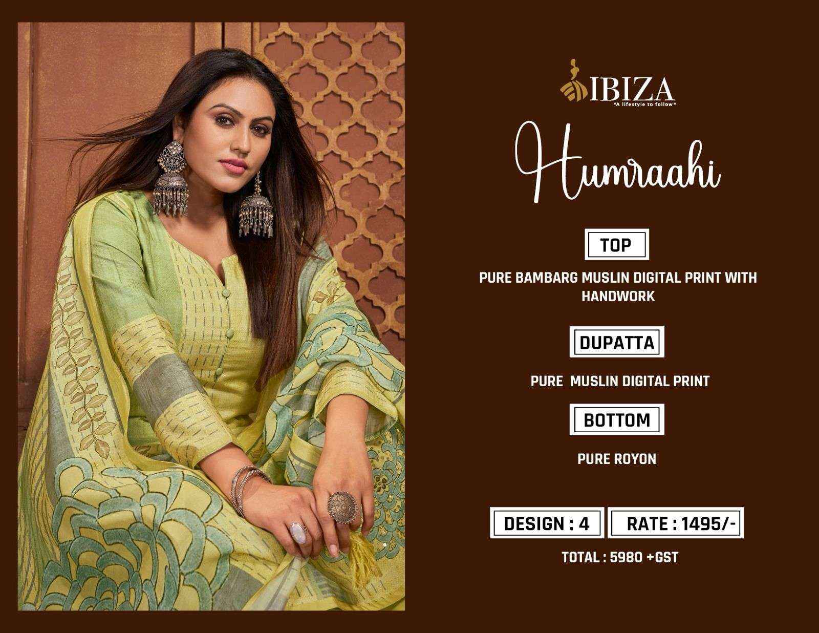 IBIZA LIFESTYLE HUMRAAHI MUSLIN DESIGNER SUITS ( 4 PCS CATALOG )