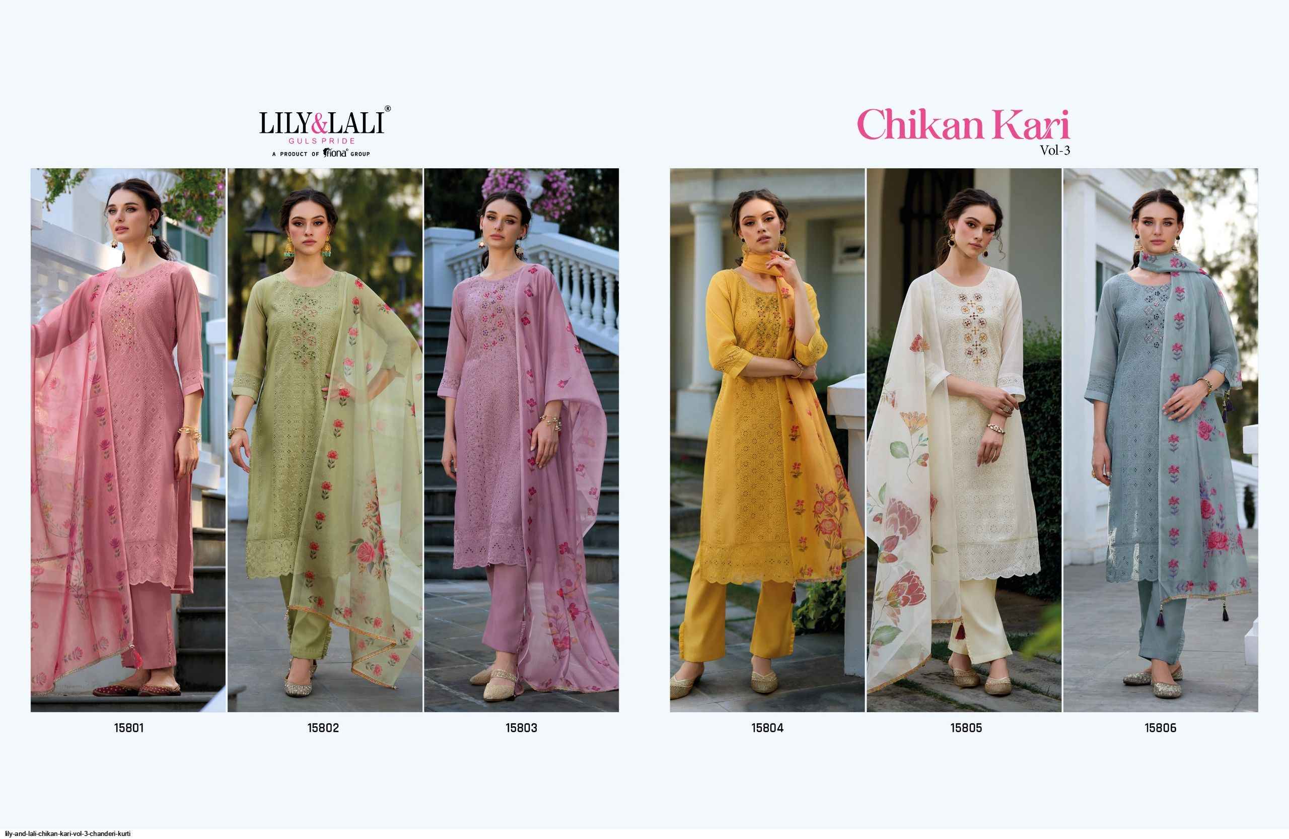 LILY AND LALI CHIKAN KARI VOL 3 CHANDERI READYMADE SUITS ( 6 pcs catalog )