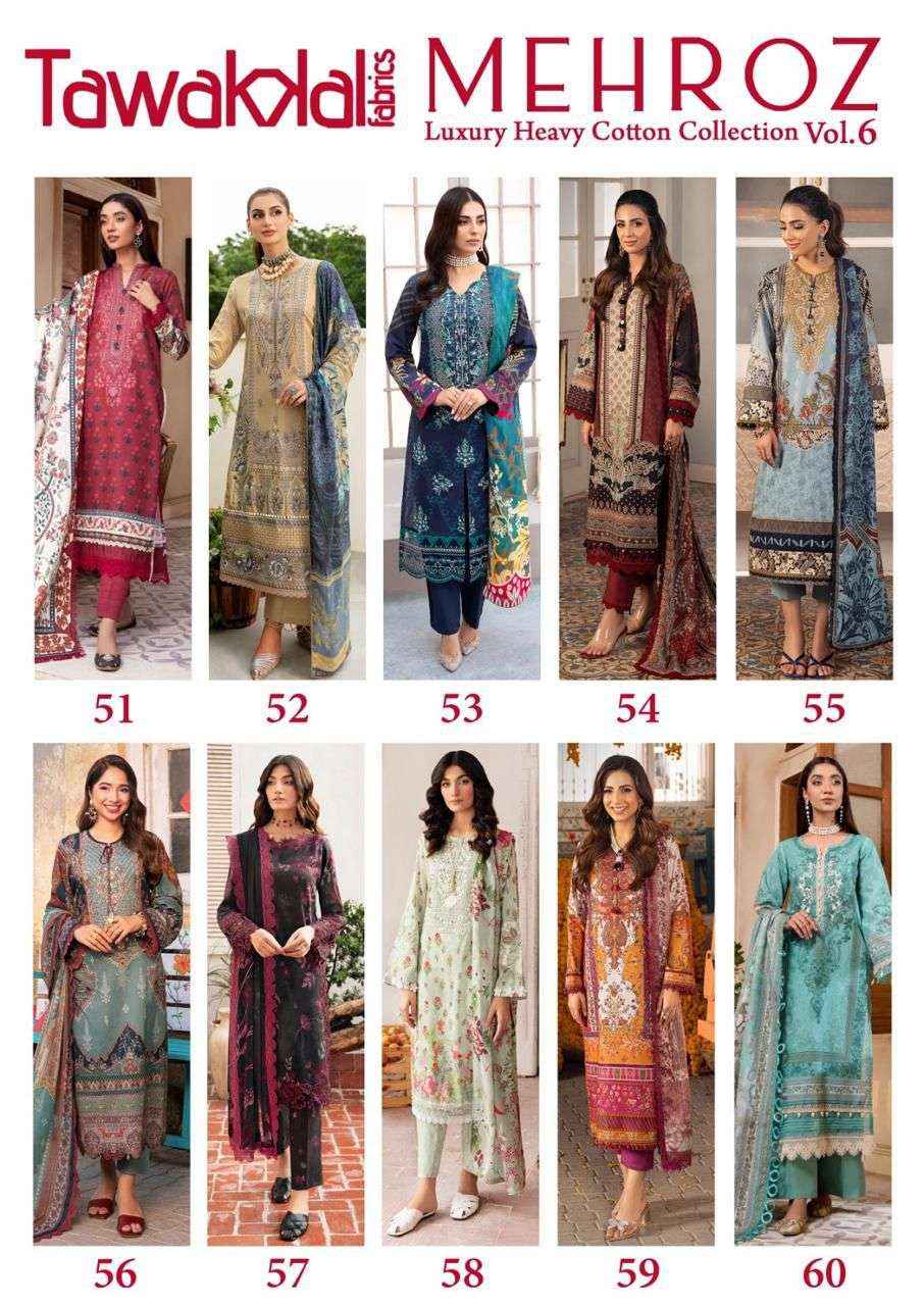 TAWAKKAL FABRICS MEHROZ VOL-6 PAKISTANI DRESS MATERIAL ( 10 PCS CATALOG )