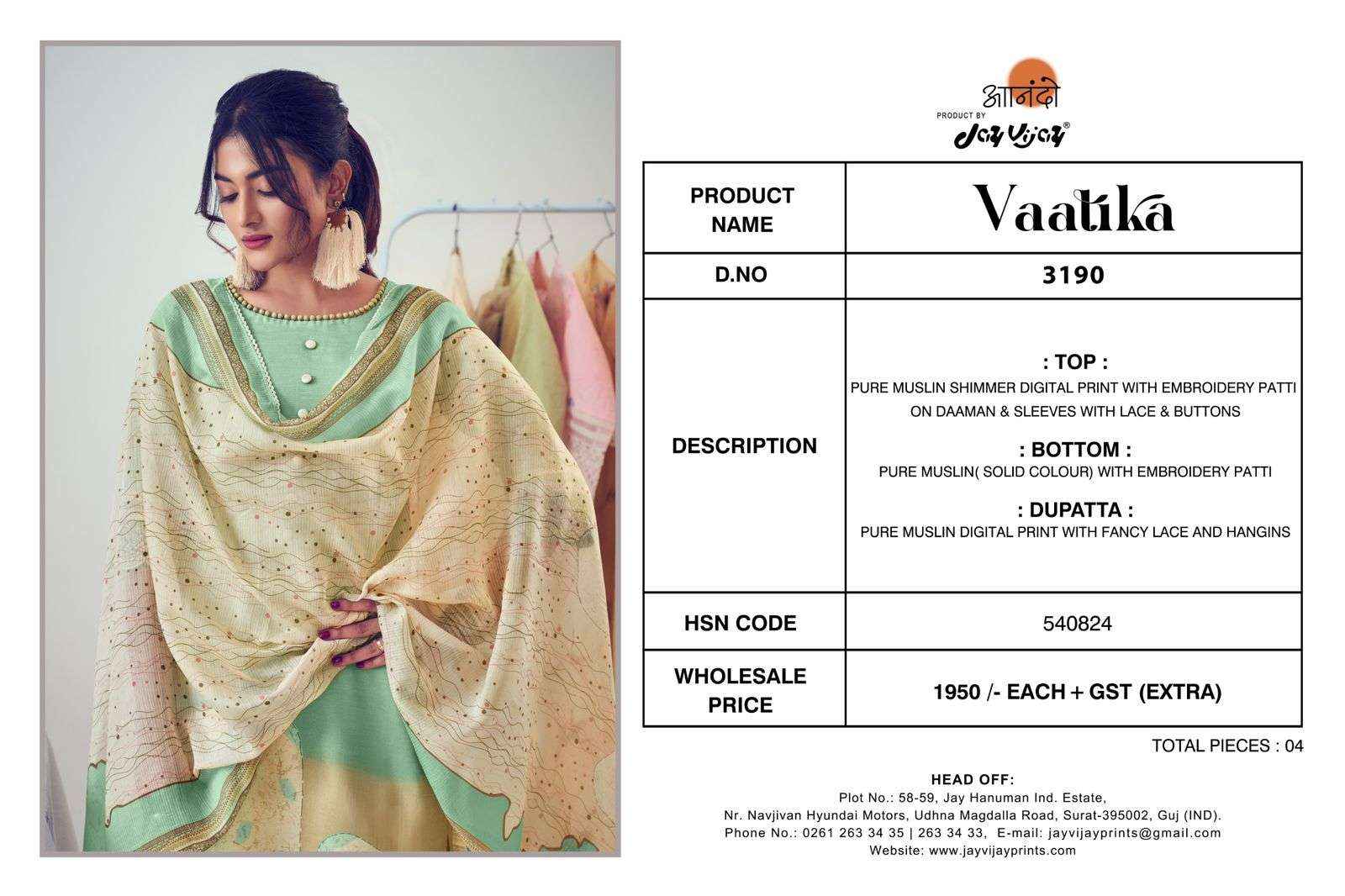 Jay Vijay Anando Vaatika 3190 Exclusive Muslin Dress Catalog Suppliers  (4 pcs catalog )