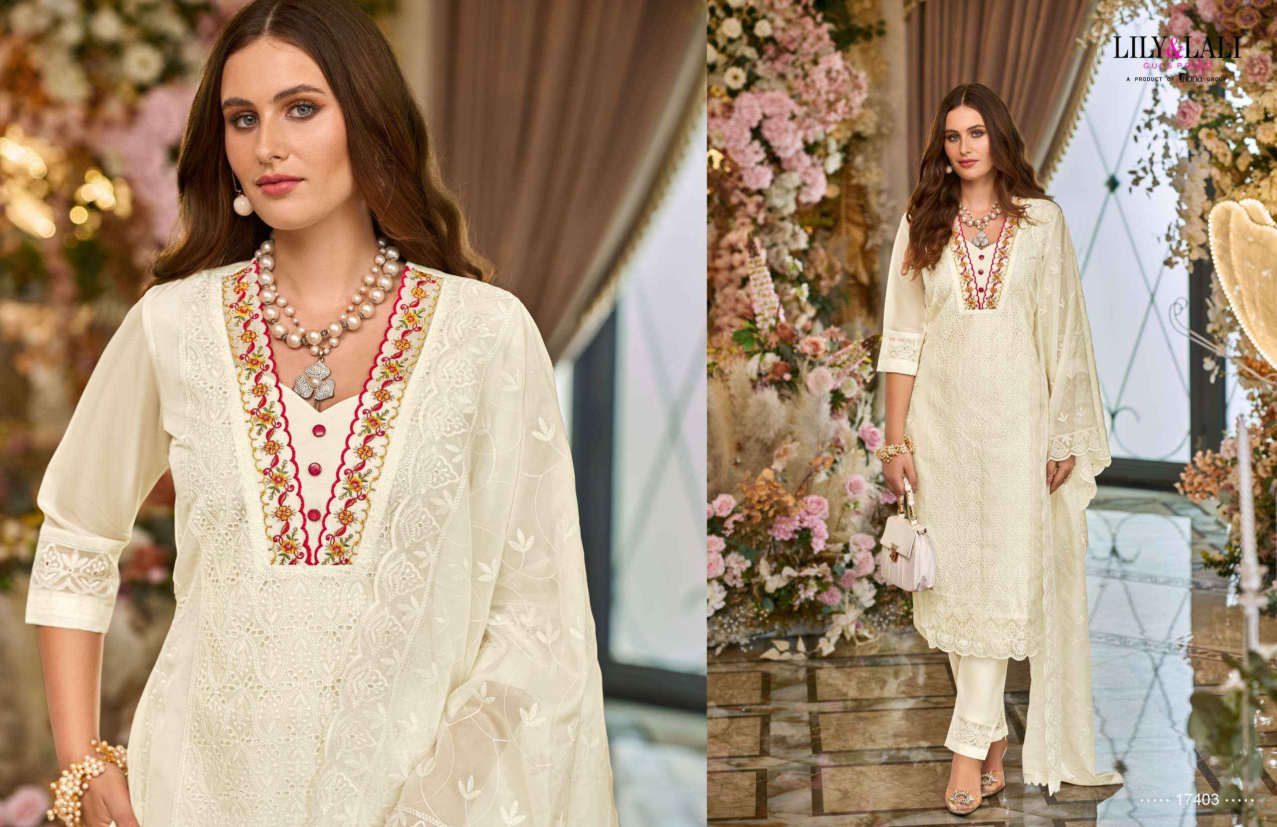 LILY AND LALI SUMMER BLOSSOM SCHIFFLI DESIGNER SUITS ( 6 PCS CATALOG )