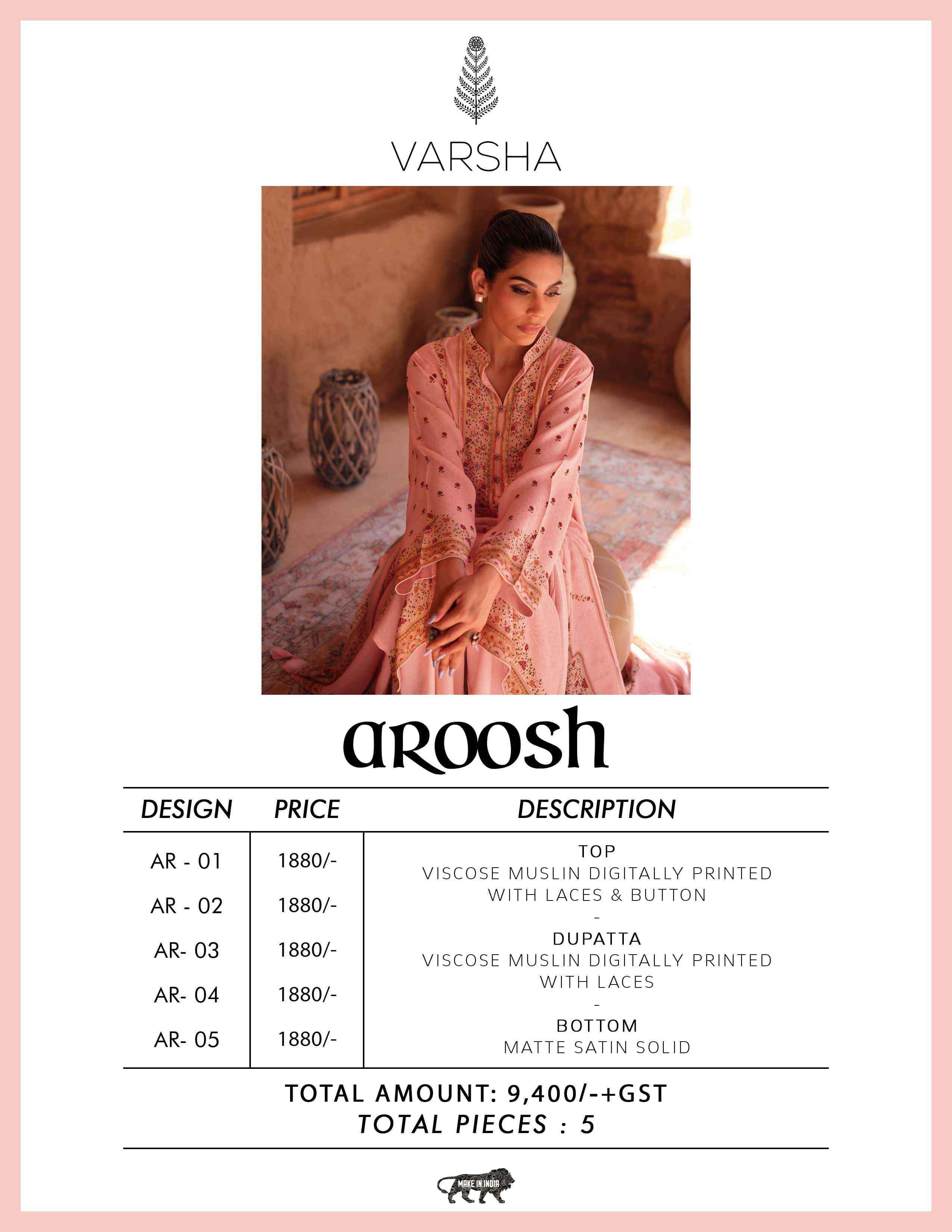 Varsha Aroosh Designer Muslin Salwar Suit Catalog Wholesaler  (5 pcs catalog)