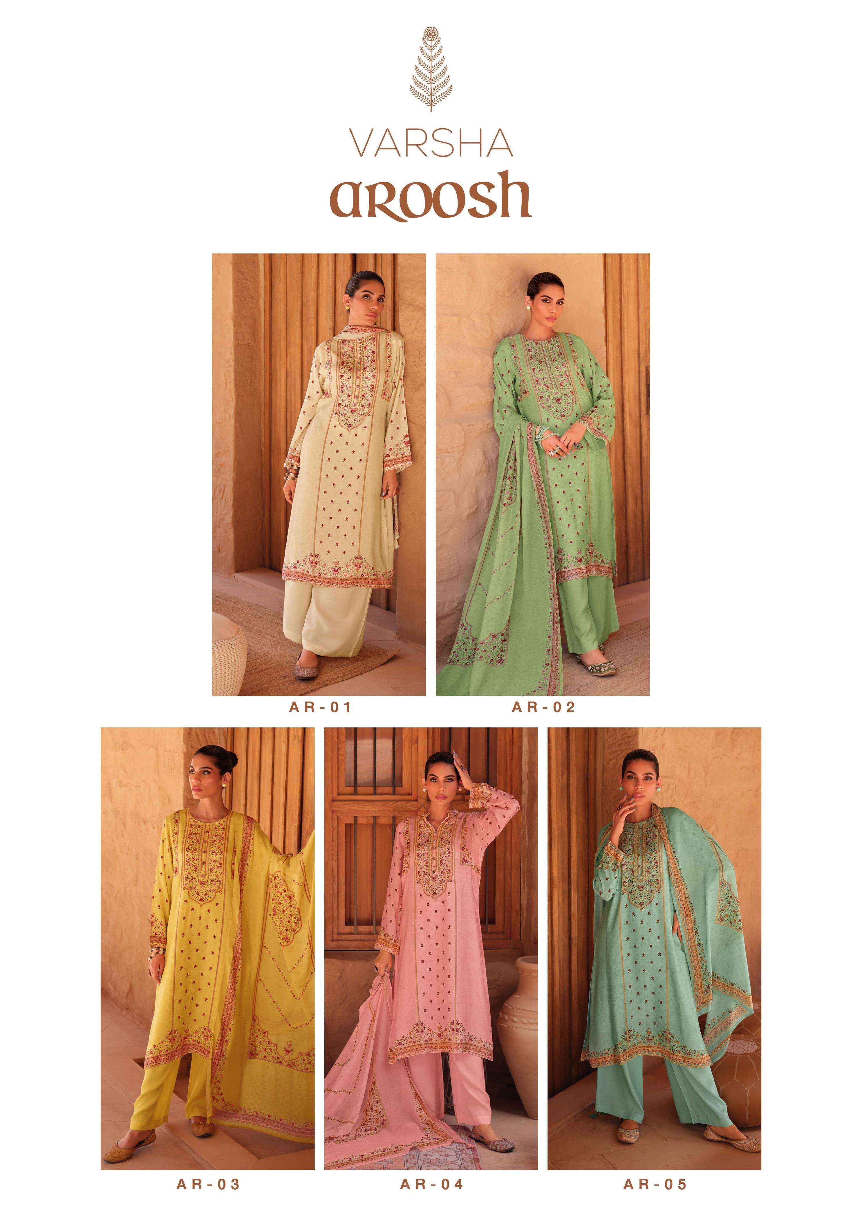 Varsha Aroosh Designer Muslin Salwar Suit Catalog Wholesaler  (5 pcs catalog)