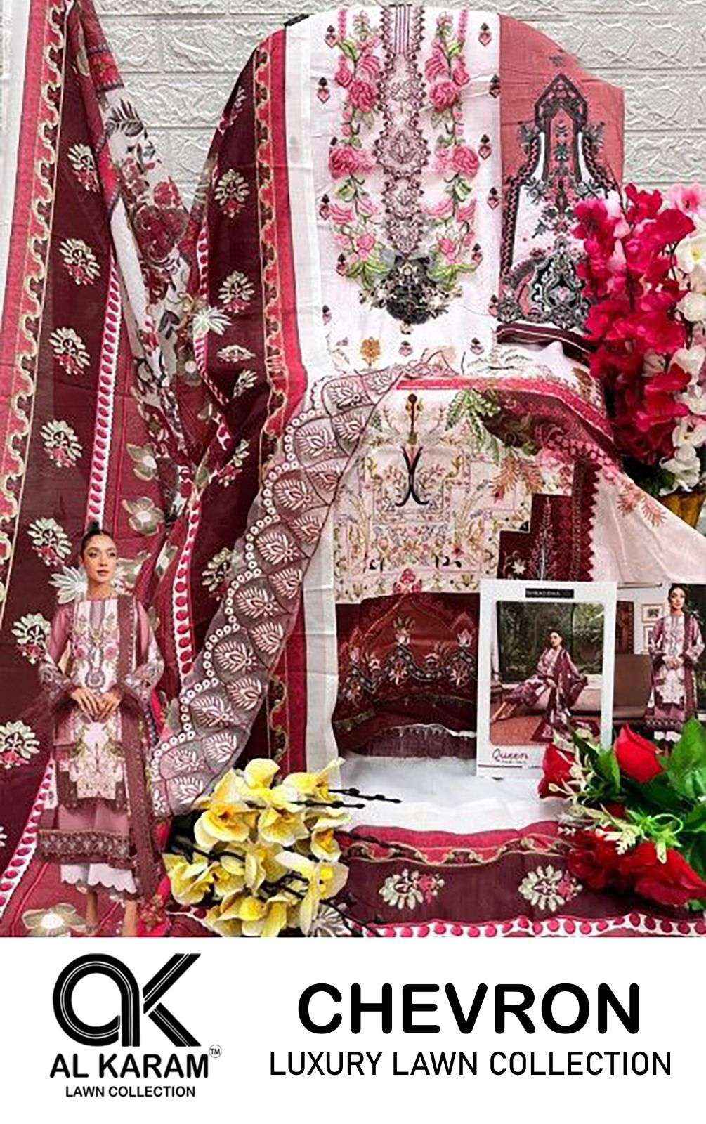 AL KARAM CHEVRON LUXURY LAWN COLLECITON COTTON PATCH WORK SUITS ( 4 PCS CATALOG )