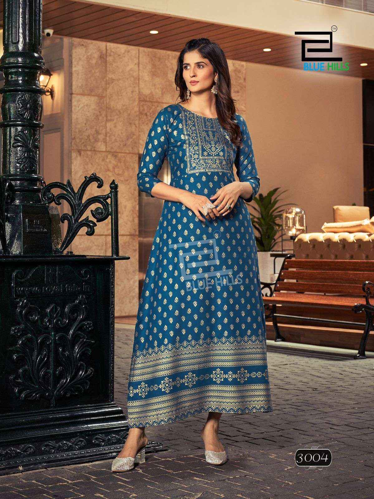 BLUE HILLS REELS VOL 3 RAYON FOIL PRINT LONG GOWN KURTI ( 8 PCS CATALOG )