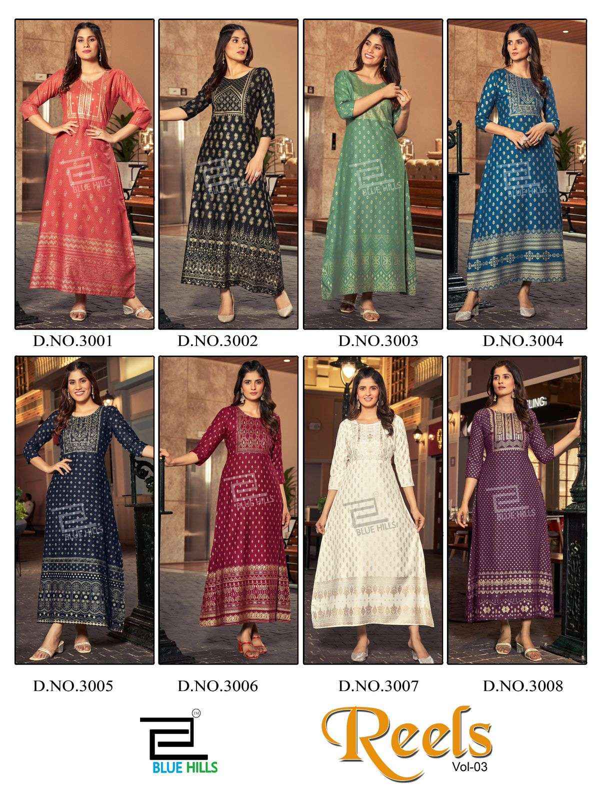 BLUE HILLS REELS VOL 3 RAYON FOIL PRINT LONG GOWN KURTI ( 8 PCS CATALOG )