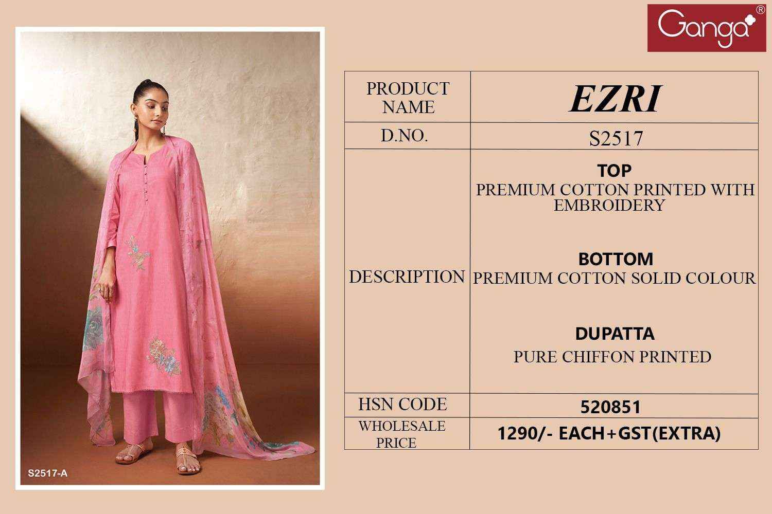 Ganga Ezri 2517 Fancy Work Cotton Suit Ganga Dealer ( 4 pcs catalog )