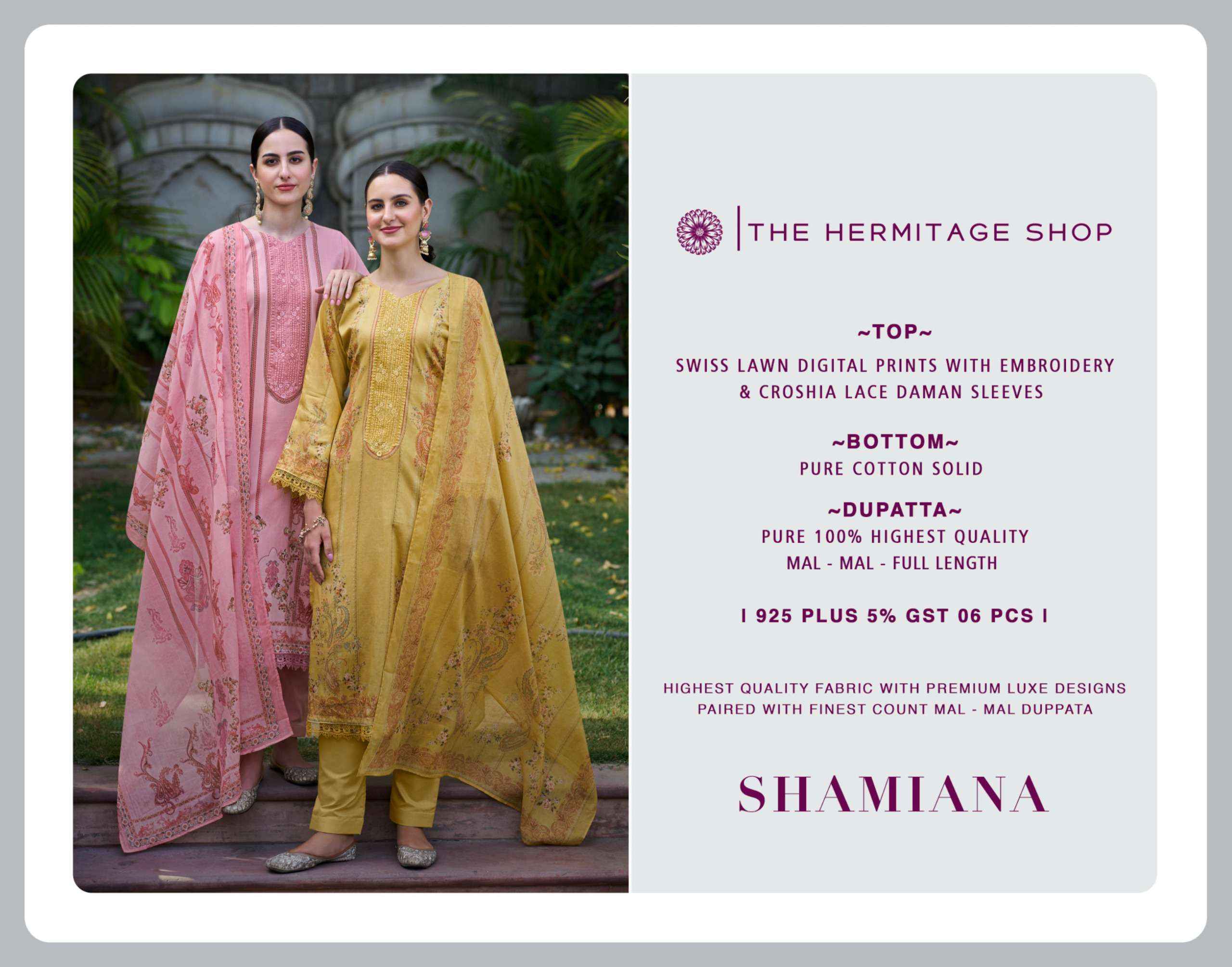 THE HERMITAGE SHOP SHAMIANA LAWN COTTON DESIGNER SUITS ( 6 PCS CATALOG )