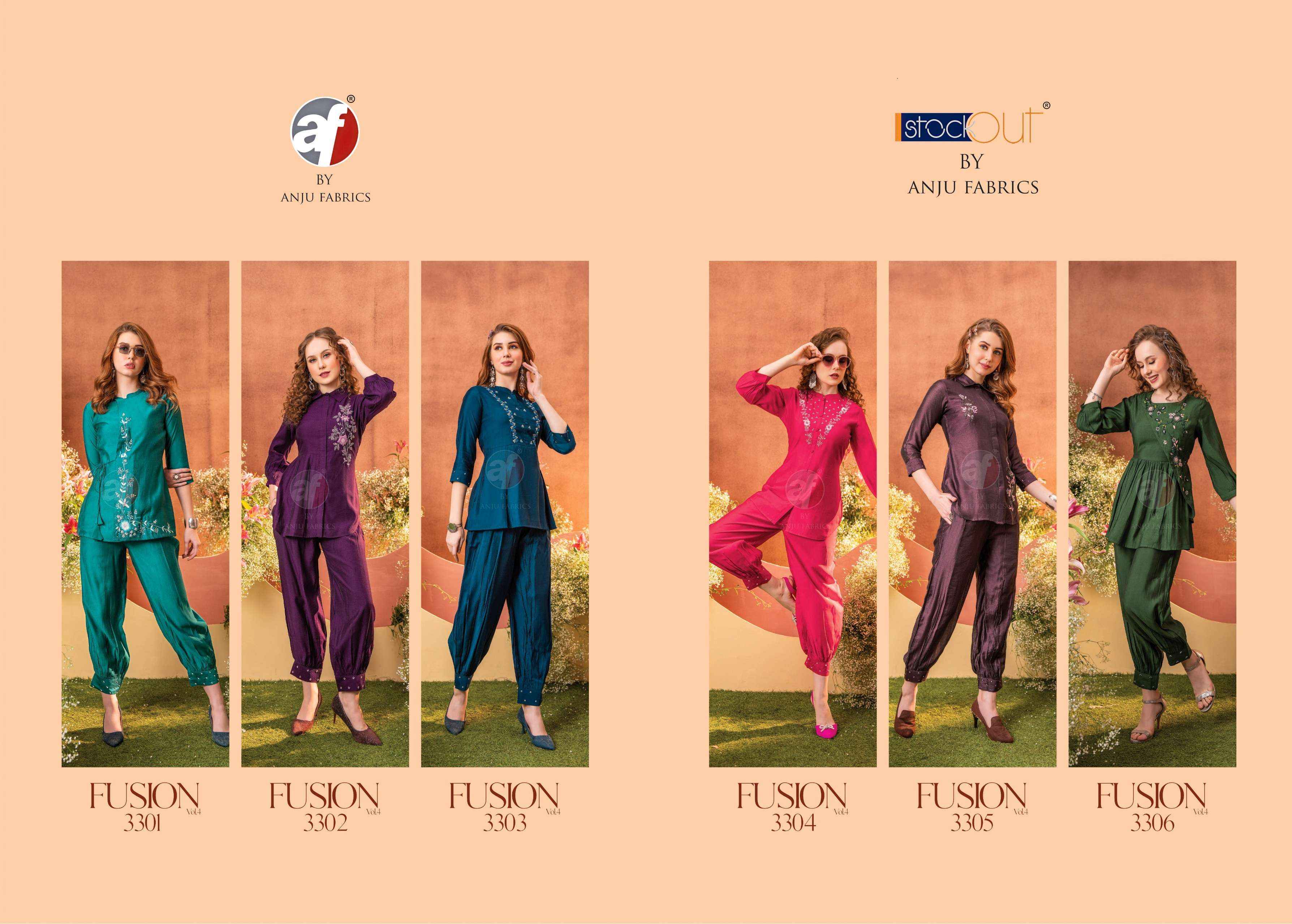 ANJU FABRICS FUSION VOL 4 VISCOSE FANCY PARTY WEAR CORD SET ( 6 PCS CATALOG )
