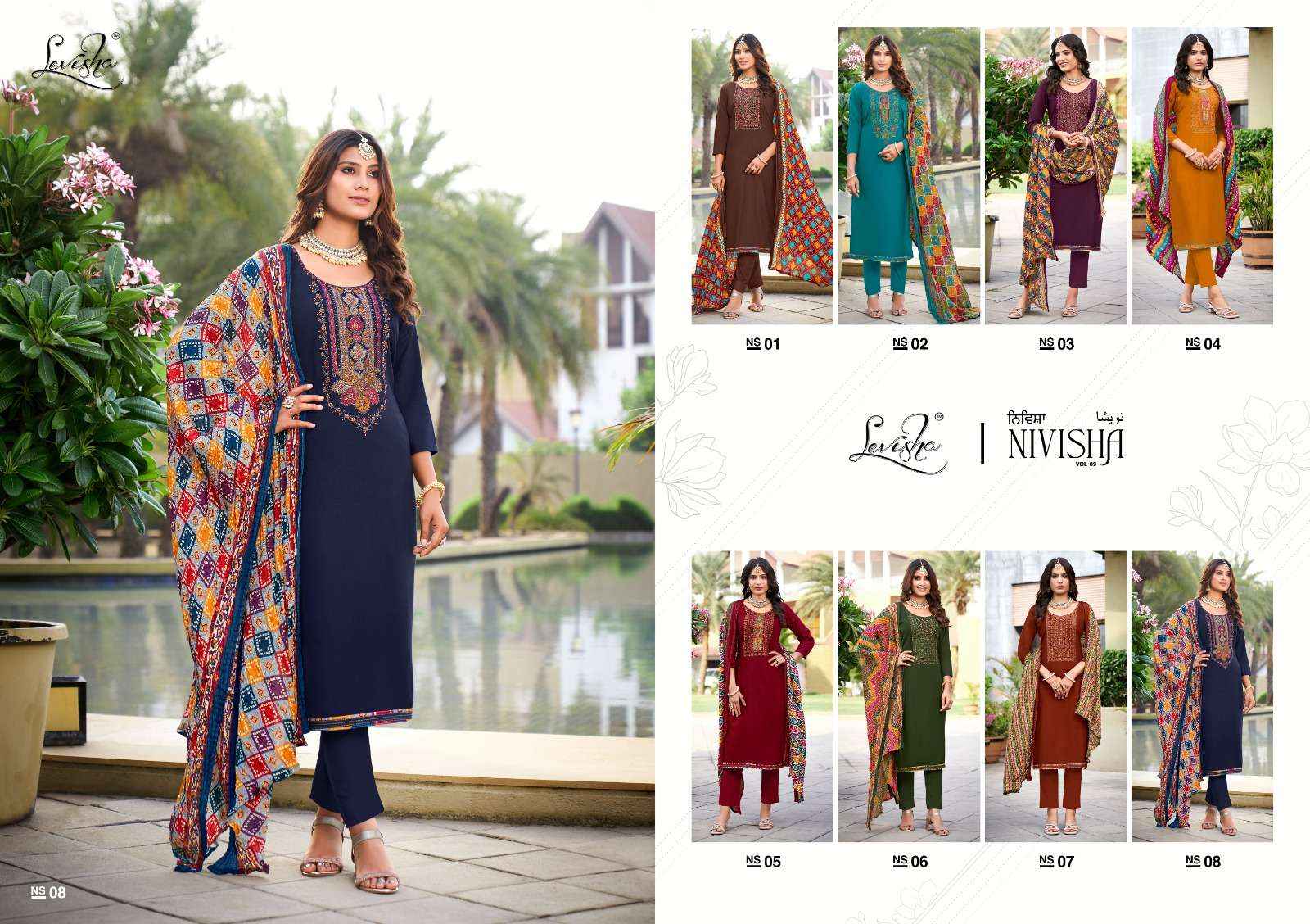 LEVISHA NIVISHA VOL 9 RAYON FANCY EMBROIDERY WORK SUITS ( 8 PCS CATALOG )