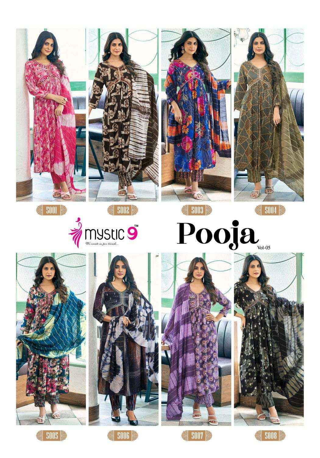 Mystic 9 Pooja Vol 5 Readymade 3 Piece Alia Suit Catalog Exporter ( 8 pcs catalog )