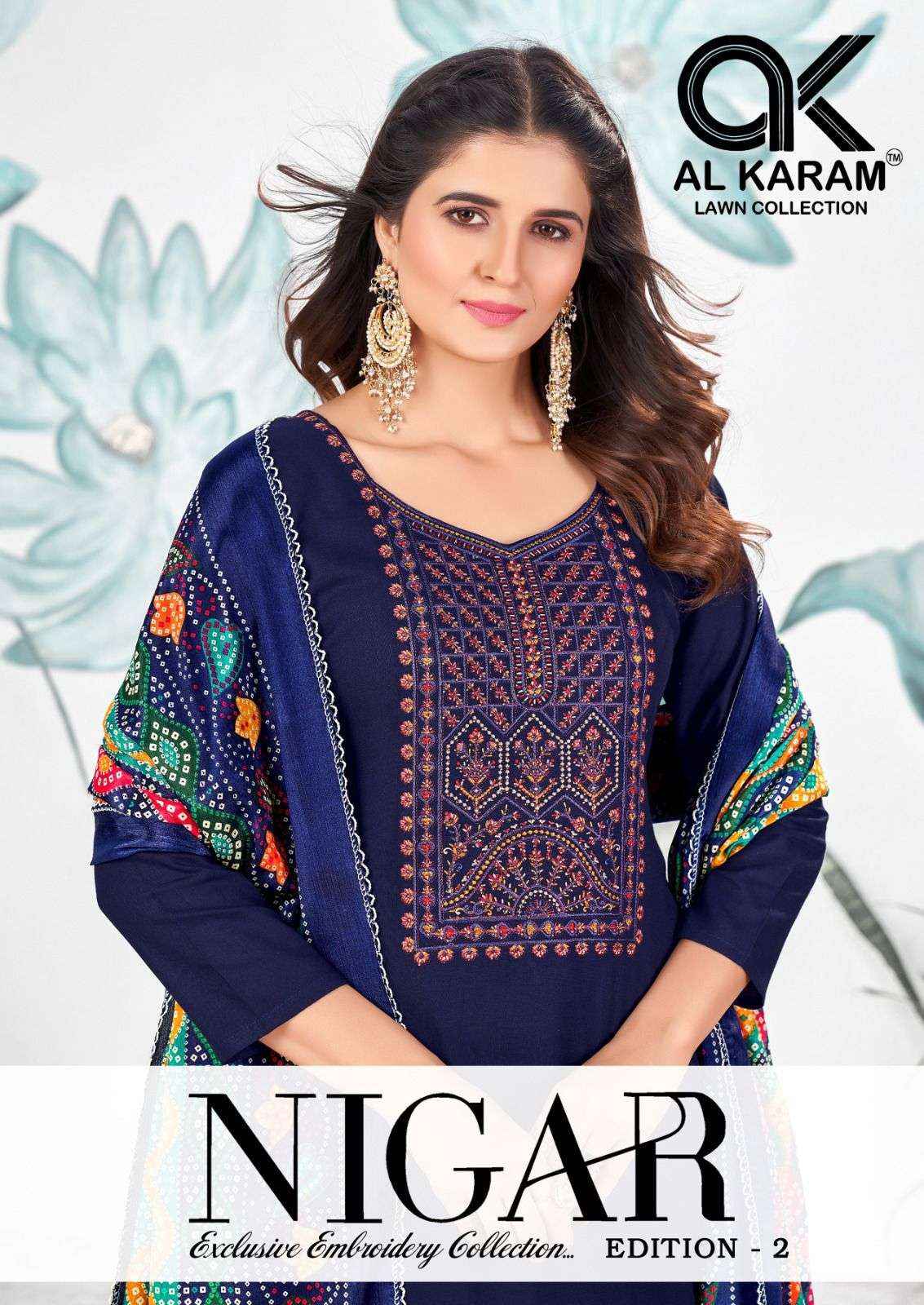 AL KARAM NIGAR VOL 2 RAYON SLUB FANCY EMBROIDERY DRESS MATERIAL ( 6 pcs CATALOG )