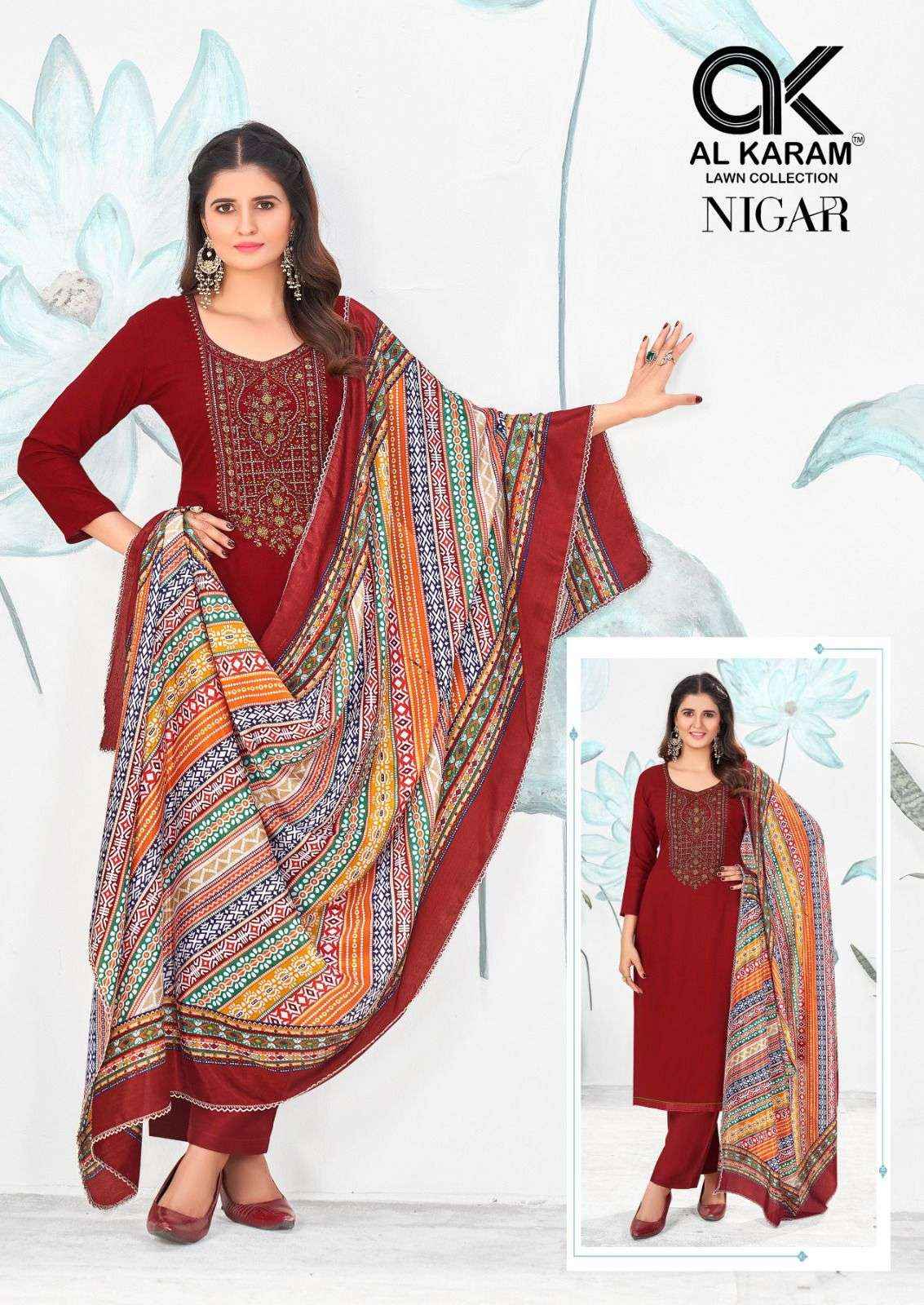 AL KARAM NIGAR VOL 2 RAYON SLUB FANCY EMBROIDERY DRESS MATERIAL ( 6 pcs CATALOG )