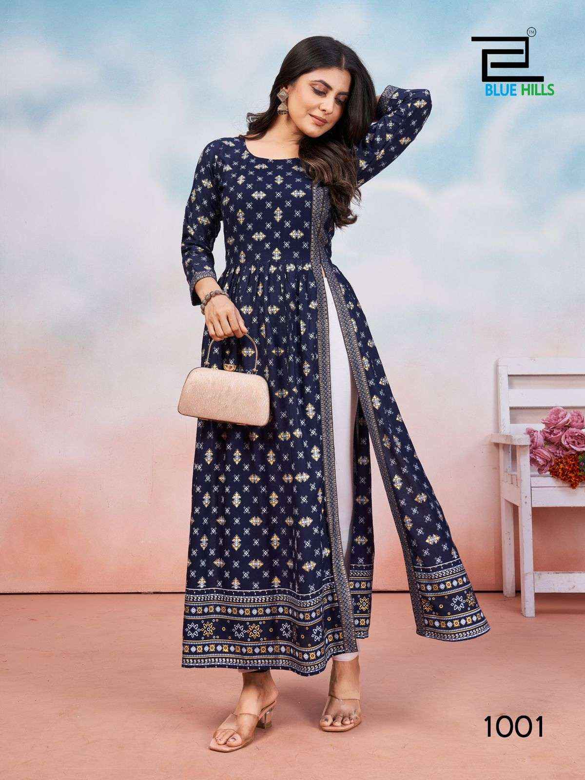 BLUE HILLS TAUBA TAUBA RAYON SIDE CUT PATTERN DESIGNER KURTI ( 5 PCS CATALOG )