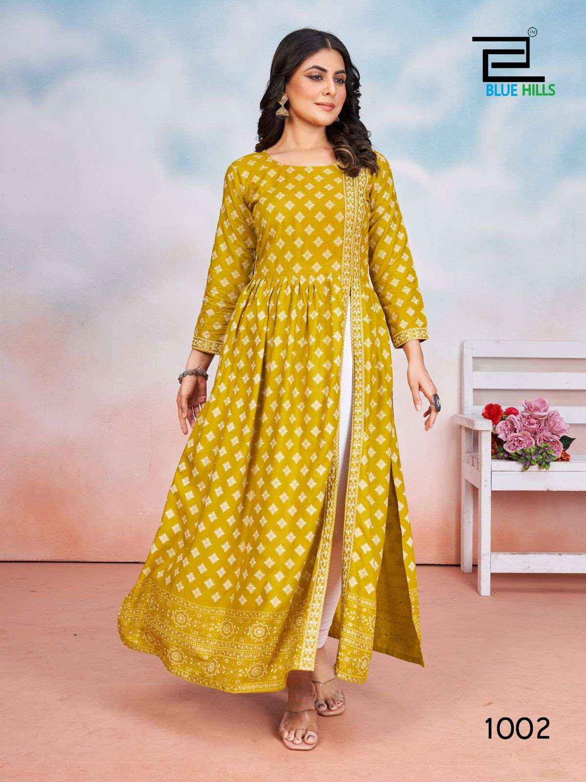 BLUE HILLS TAUBA TAUBA RAYON SIDE CUT PATTERN DESIGNER KURTI ( 5 PCS CATALOG )