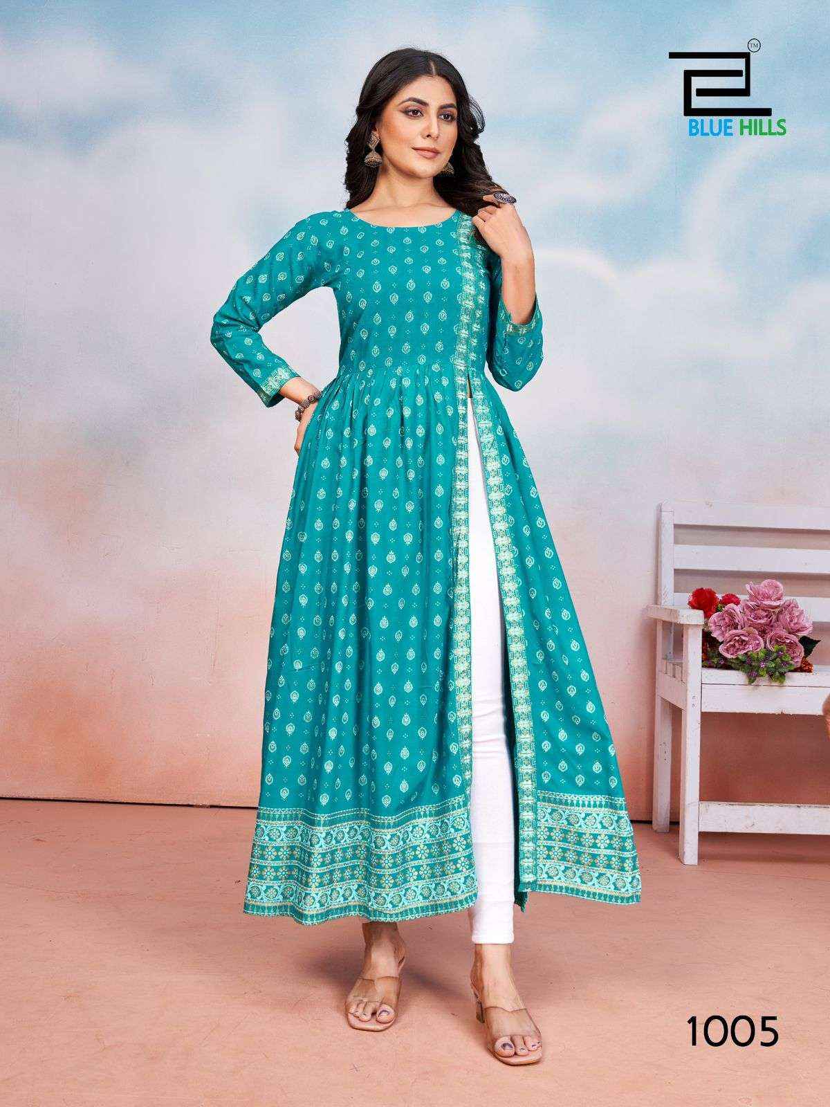 BLUE HILLS TAUBA TAUBA RAYON SIDE CUT PATTERN DESIGNER KURTI ( 5 PCS CATALOG )