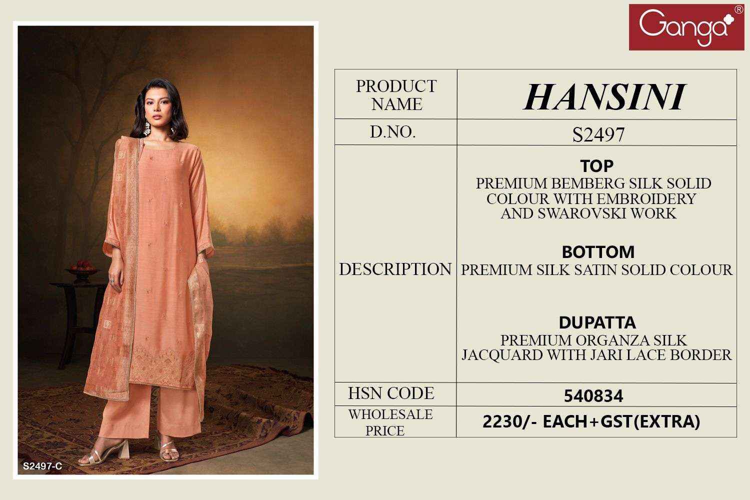 Ganga Fashion Hansini 2497 Fancy Bemberg Silk Ganga Suit Suppliers ( 3 pcs catalog )