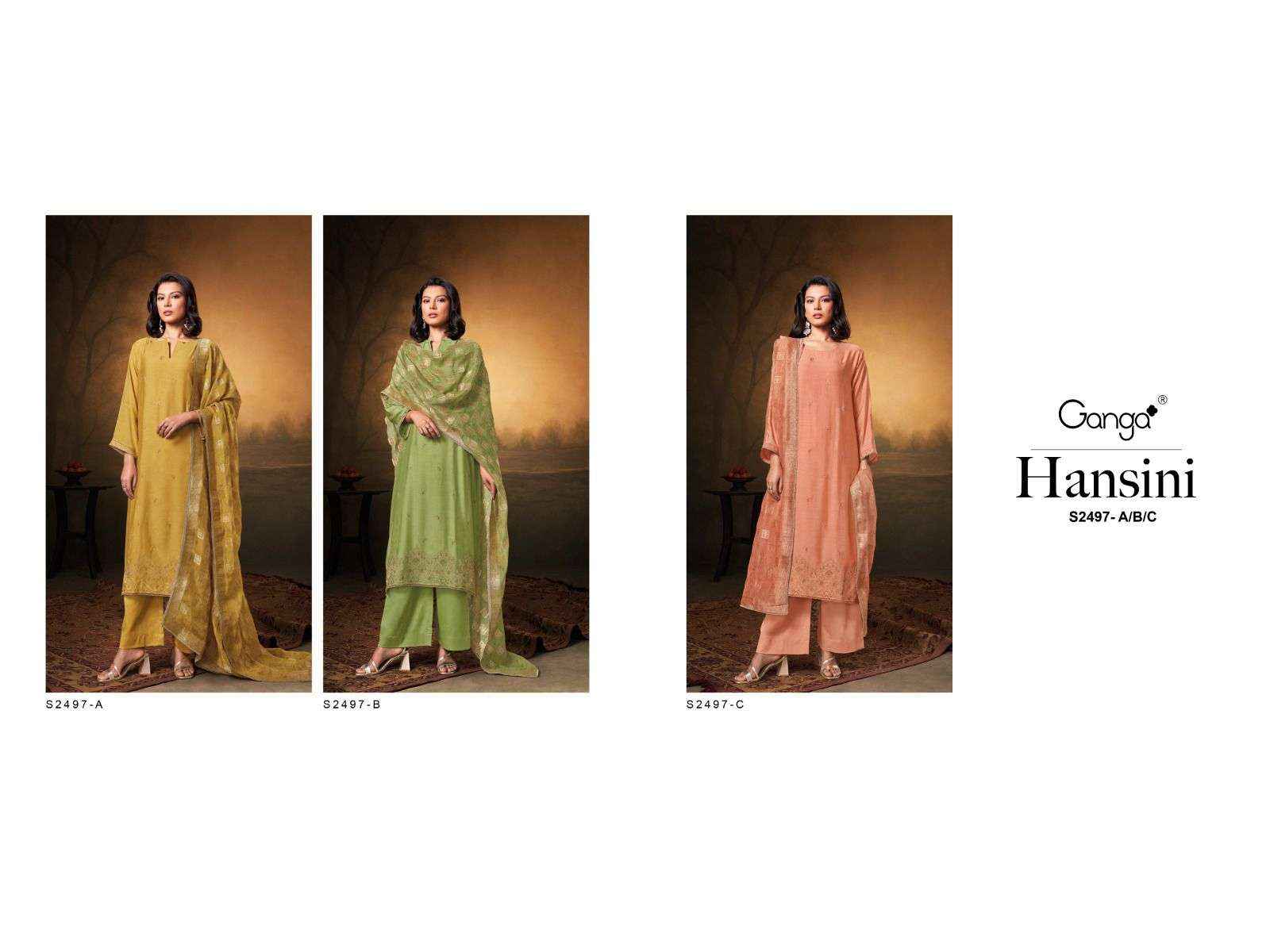 Ganga Fashion Hansini 2497 Fancy Bemberg Silk Ganga Suit Suppliers ( 3 pcs catalog )