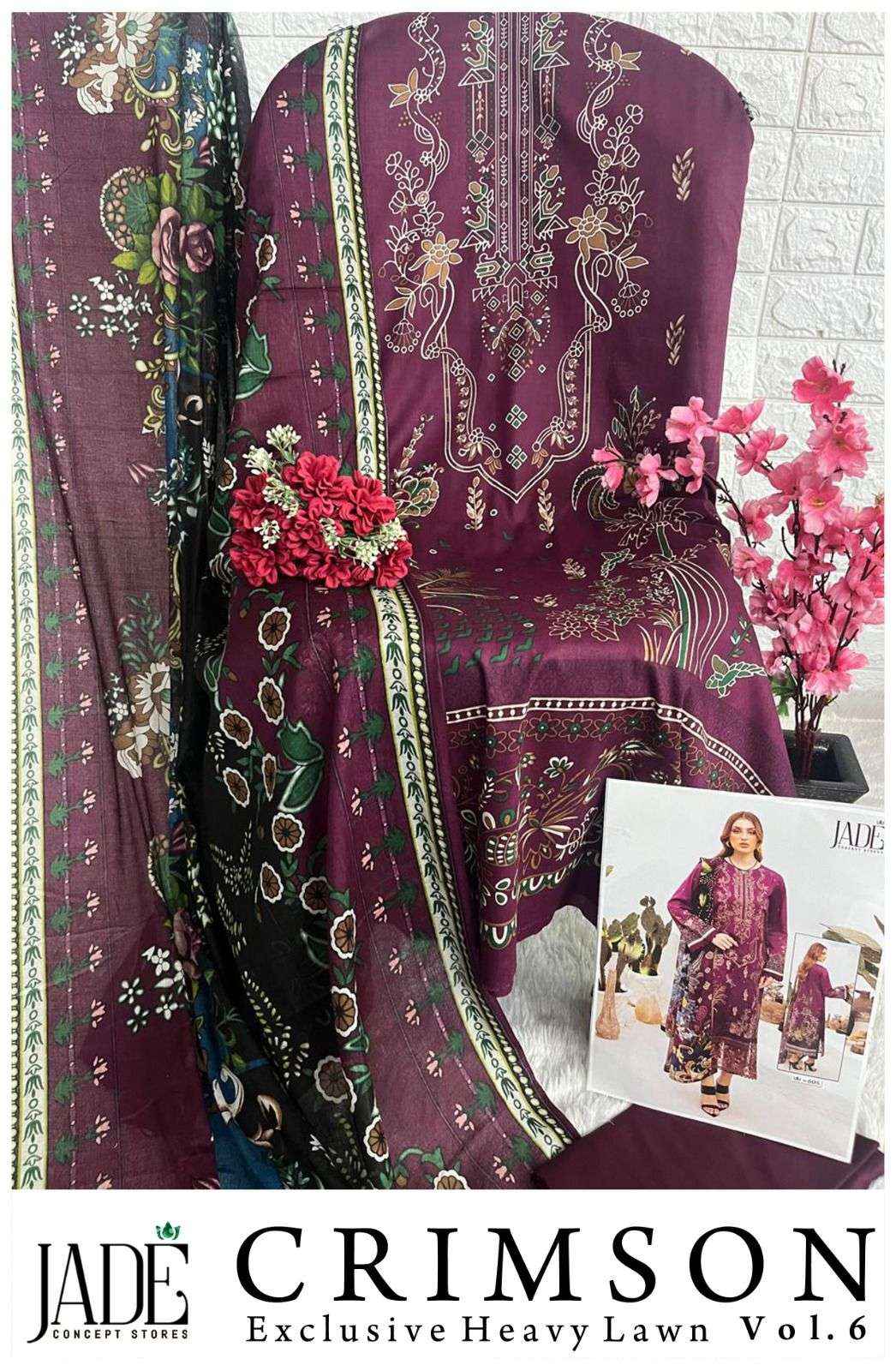 JADE CRIMSON EXCLUSIVE HEAVY LAWN COLLECTION VOL 6 DRESS MATERIAL ( 6 PCS CATALOG )