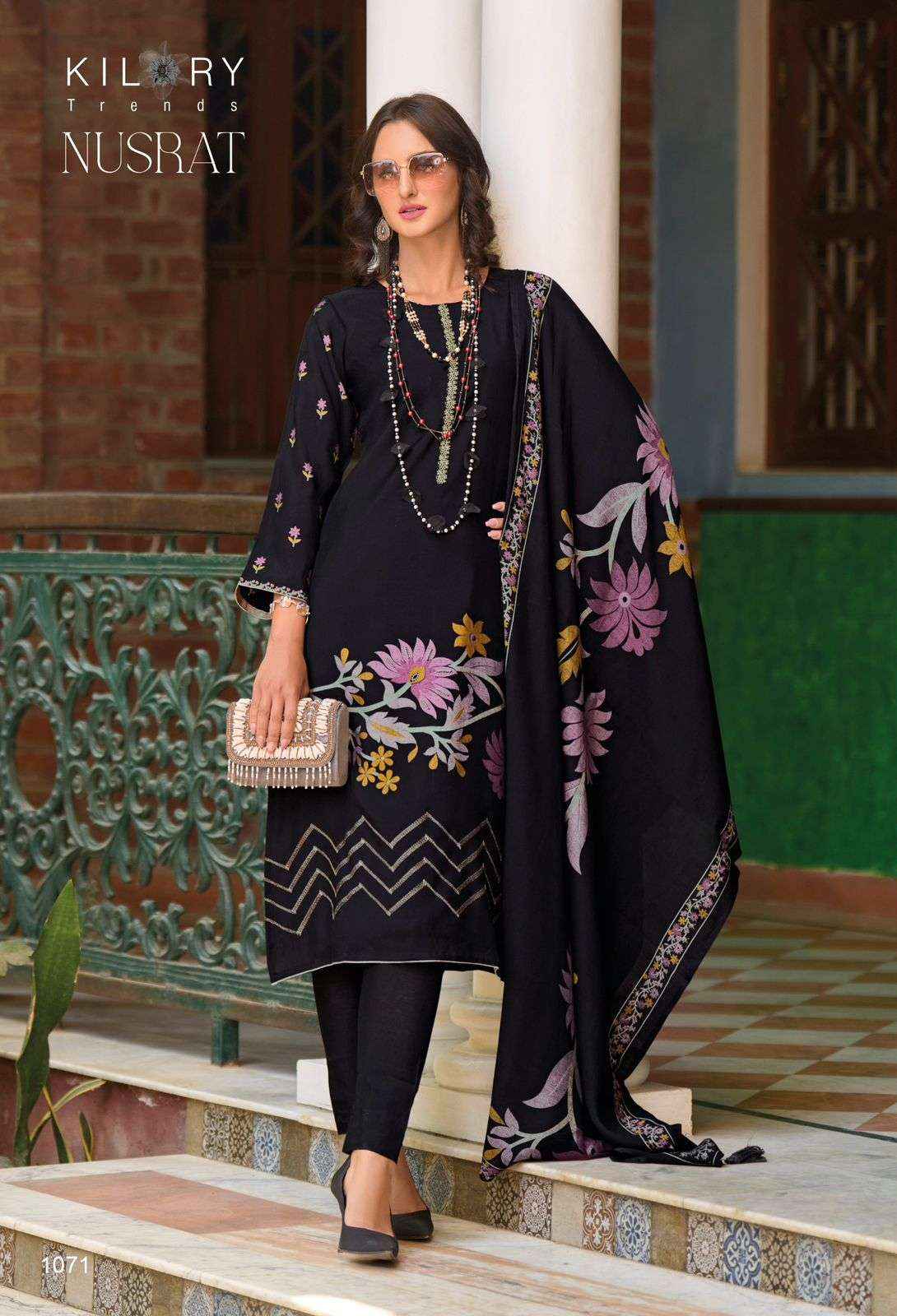 KILORY TRENDZ NUSRAT VISCOSE FANCY EMBROIDERY DRESS MATERIAL ( 4 PCS CATALOG )