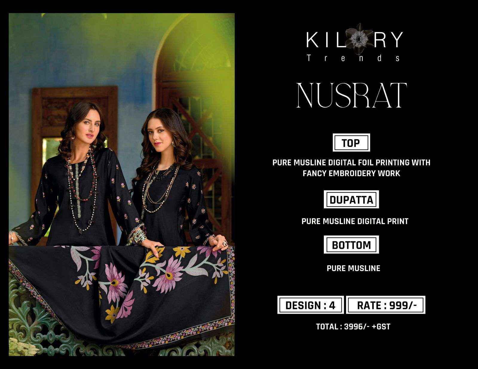 KILORY TRENDZ NUSRAT VISCOSE FANCY EMBROIDERY DRESS MATERIAL ( 4 PCS CATALOG )