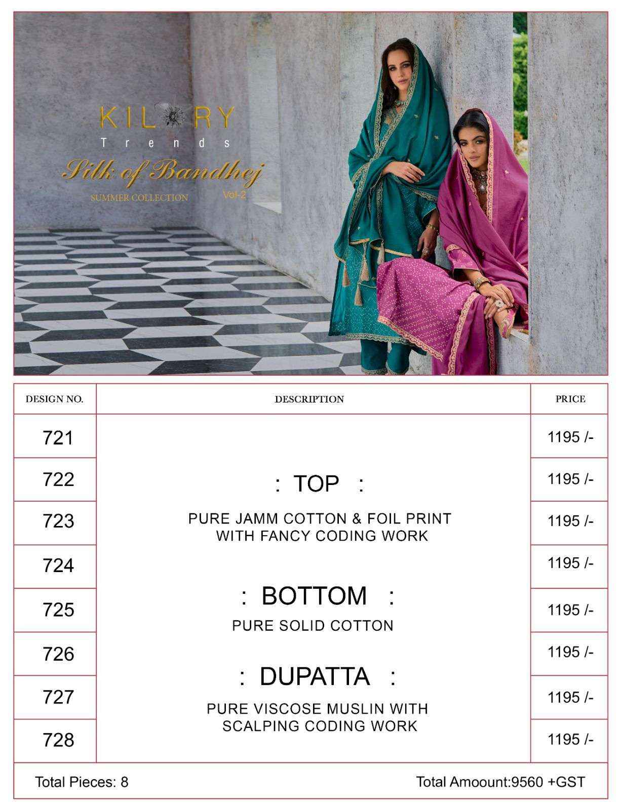 KILORY TRENDZ SILK OF BANDHEJ VOL 2 JAM SILK FANCY WORK SUIT ( 8 pcs catalog )