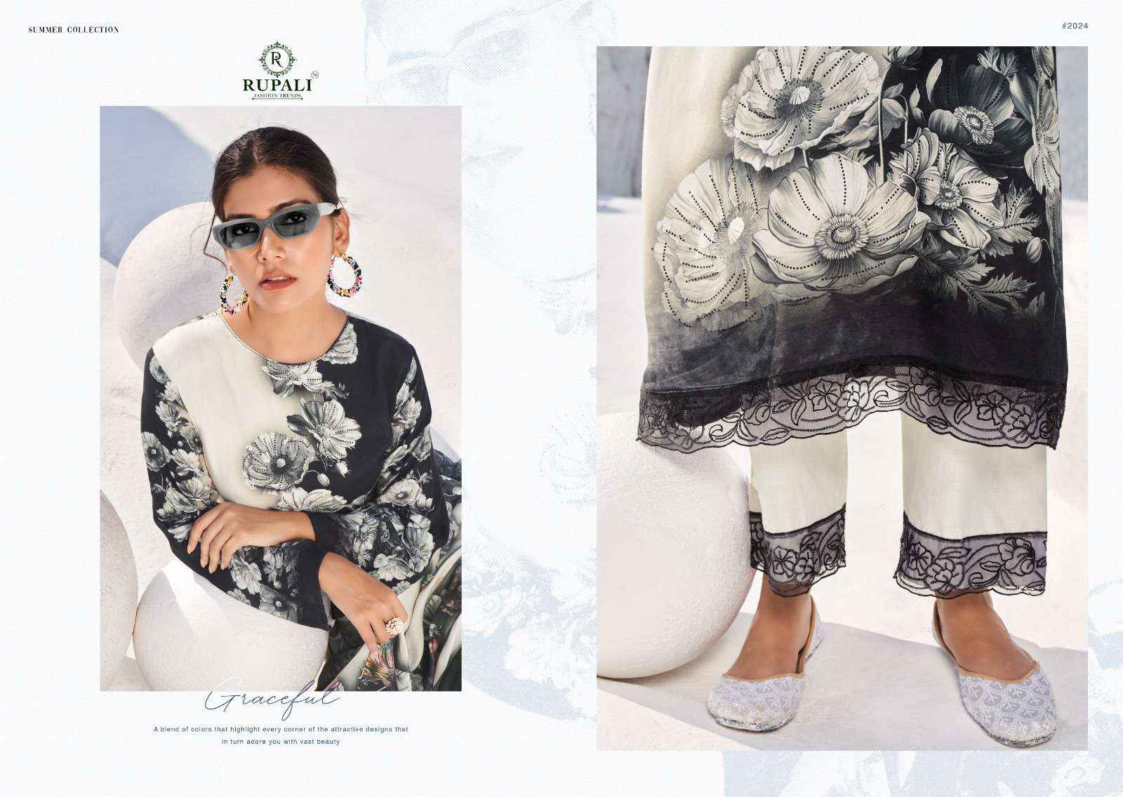 Rupali Fashion White Moon Digital Floral Print Muslin Unstitched Suits ( 6 Pcs Catalog )