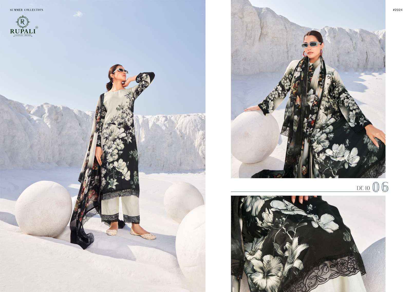 Rupali Fashion White Moon Digital Floral Print Muslin Unstitched Suits ( 6 Pcs Catalog )