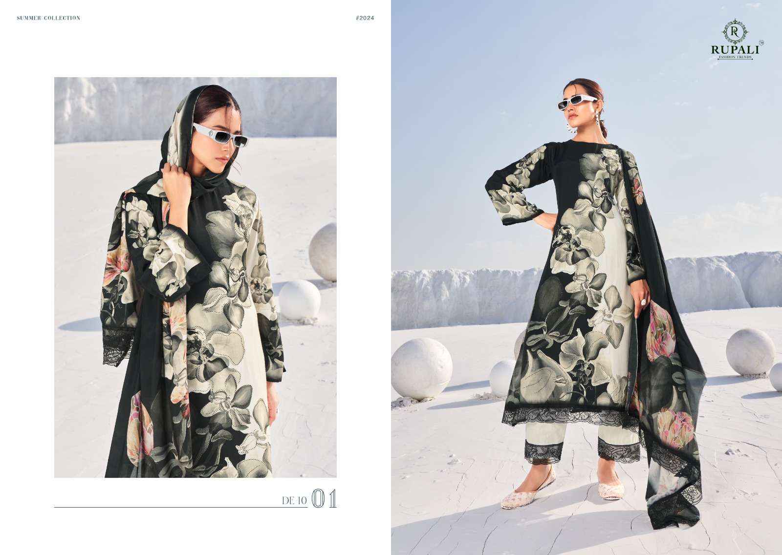 Rupali Fashion White Moon Digital Floral Print Muslin Unstitched Suits ( 6 Pcs Catalog )
