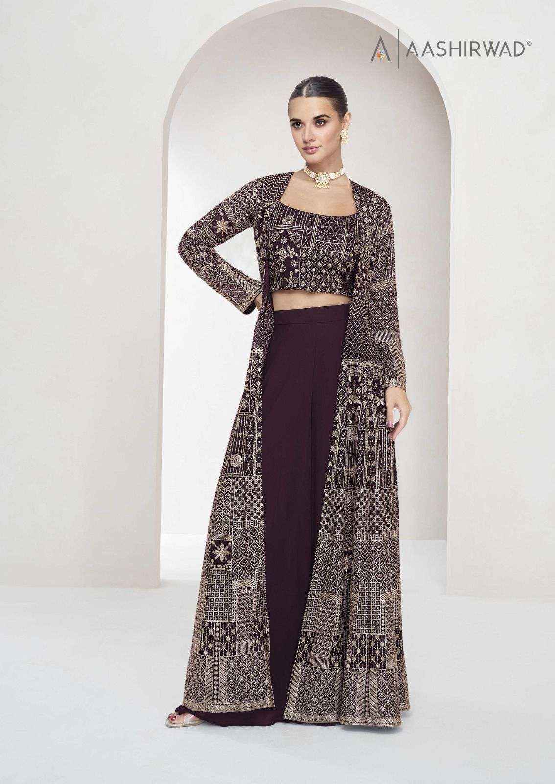 AASHIRWAD CREATION NITYA HEAVY DESIGNER TOP PLAZZO WITH LONG JACKET ( 4 PCS CATALOG )