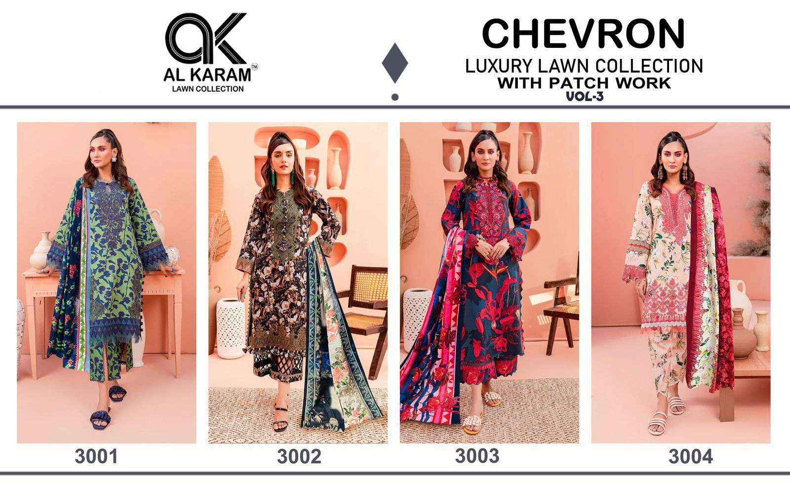 AL KARAM CHEVRON LUXURY LAWN COLLECITON VOL 3 COTTON PAKISTANI SUIT ( 4 PCS CATALOG )