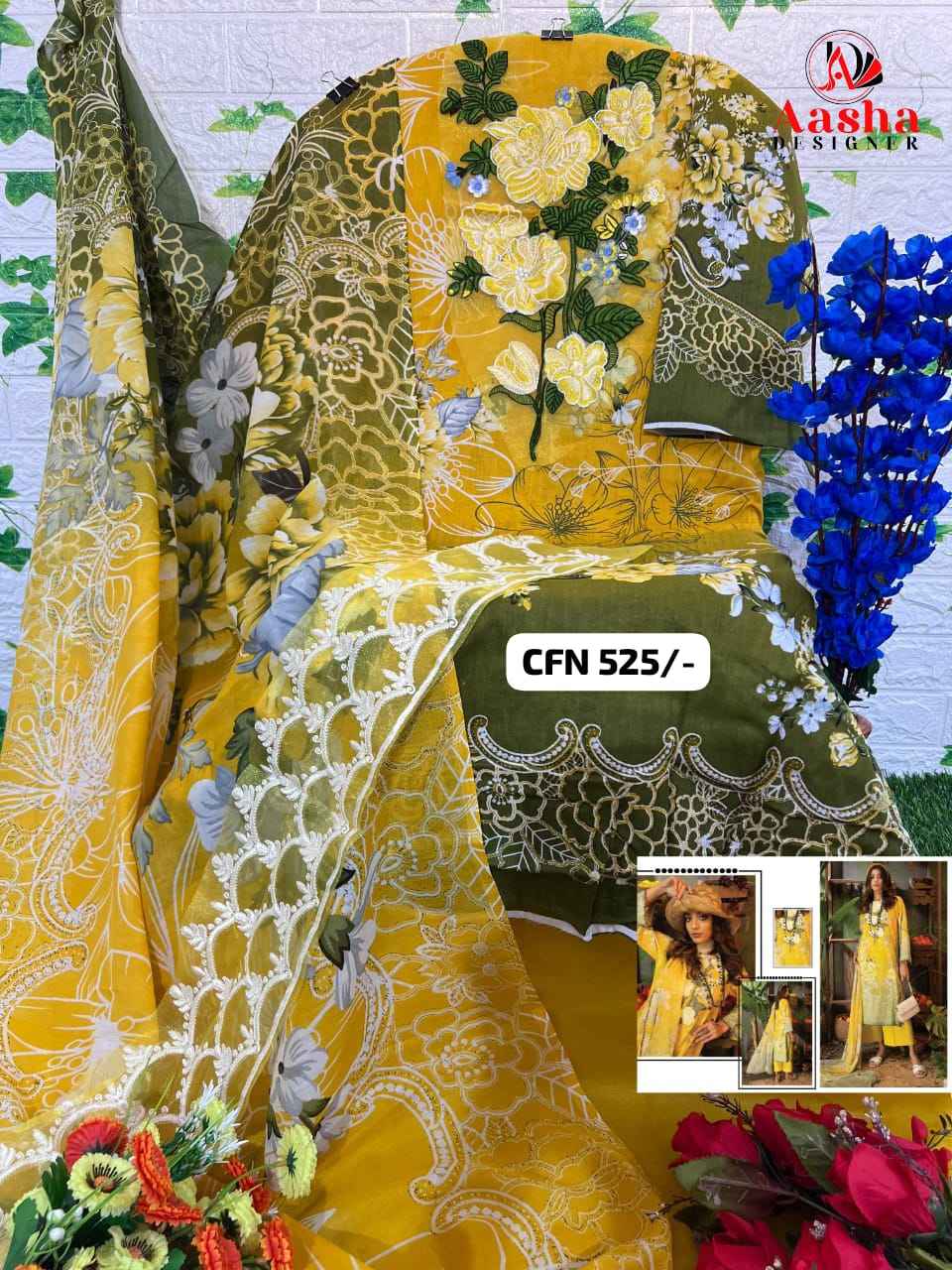 Asha Designer Yello Pakistani Dress Material chiffon dupatta ( 1 pcs )