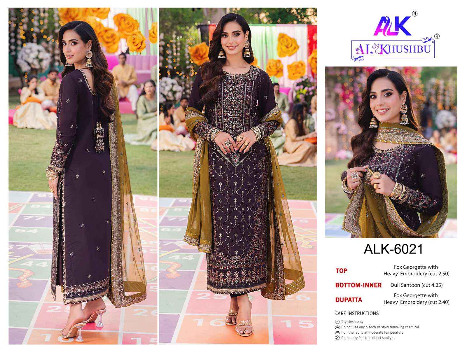 AL KHUSHBU DESIGN NO - 6021-22-23 GEORGETTE HEAVY EMBROIDERED PAKISTANI SUIT ( 3 PCS SET )