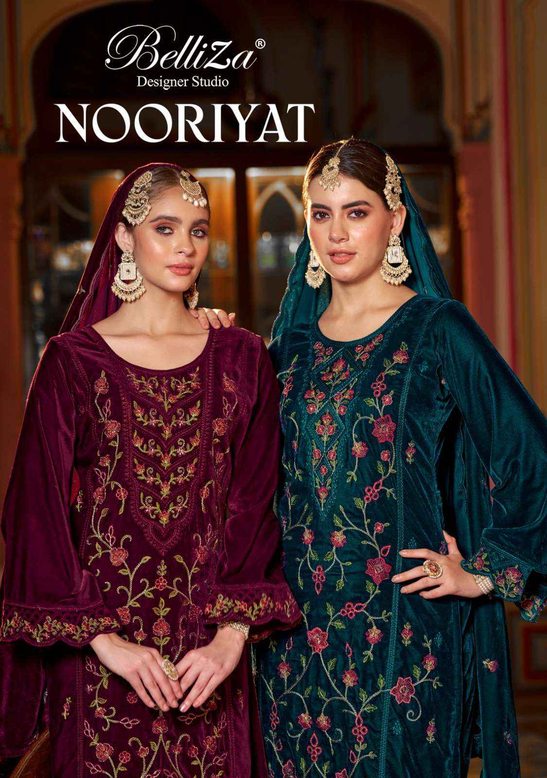 BELLIZA DESIGNER NOORIYAT WHOLESALE VELVET LADIES DESIGNER SUIT ( 4 PCS CATALOG )