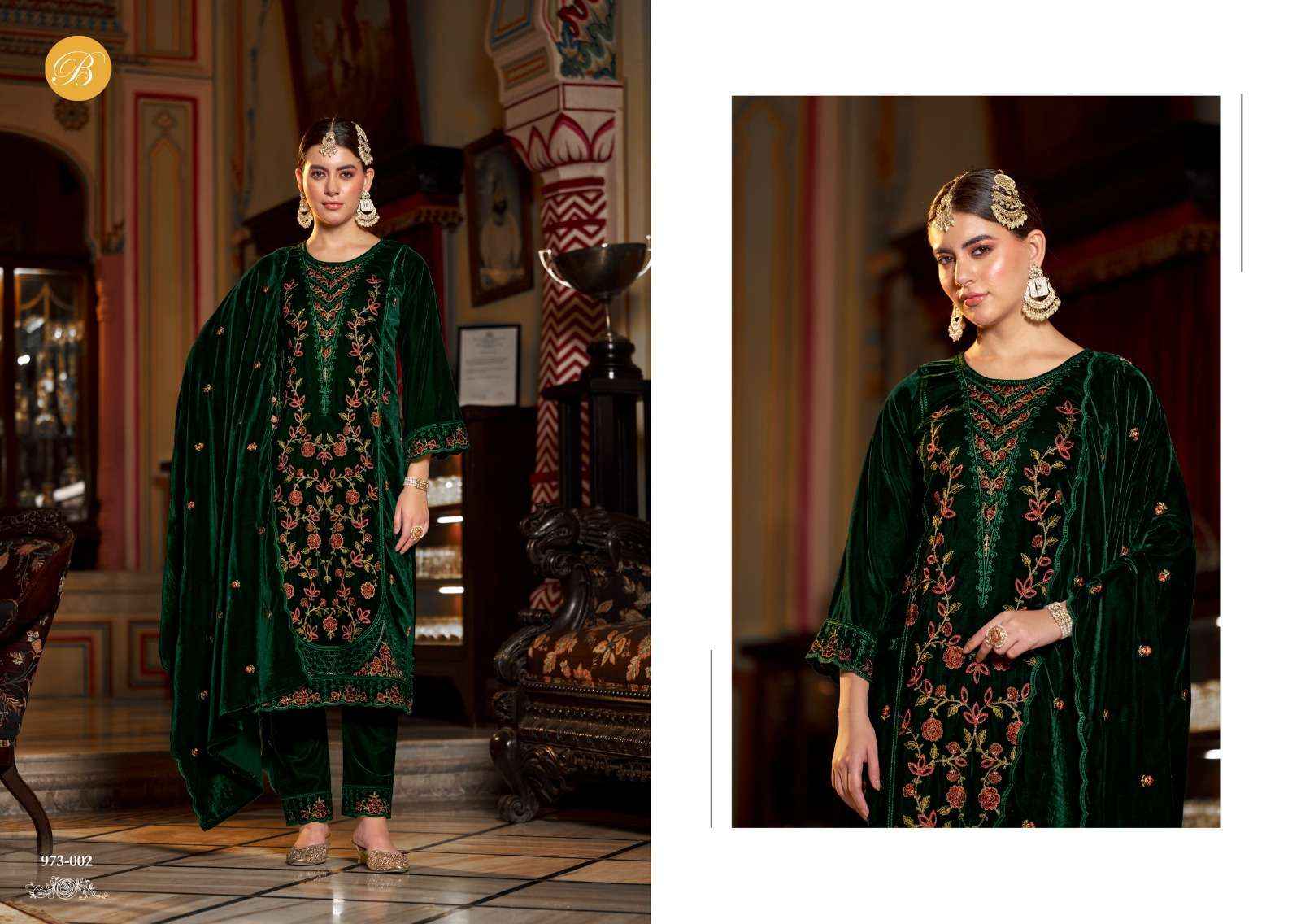 BELLIZA DESIGNER NOORIYAT WHOLESALE VELVET LADIES DESIGNER SUIT ( 4 PCS CATALOG )