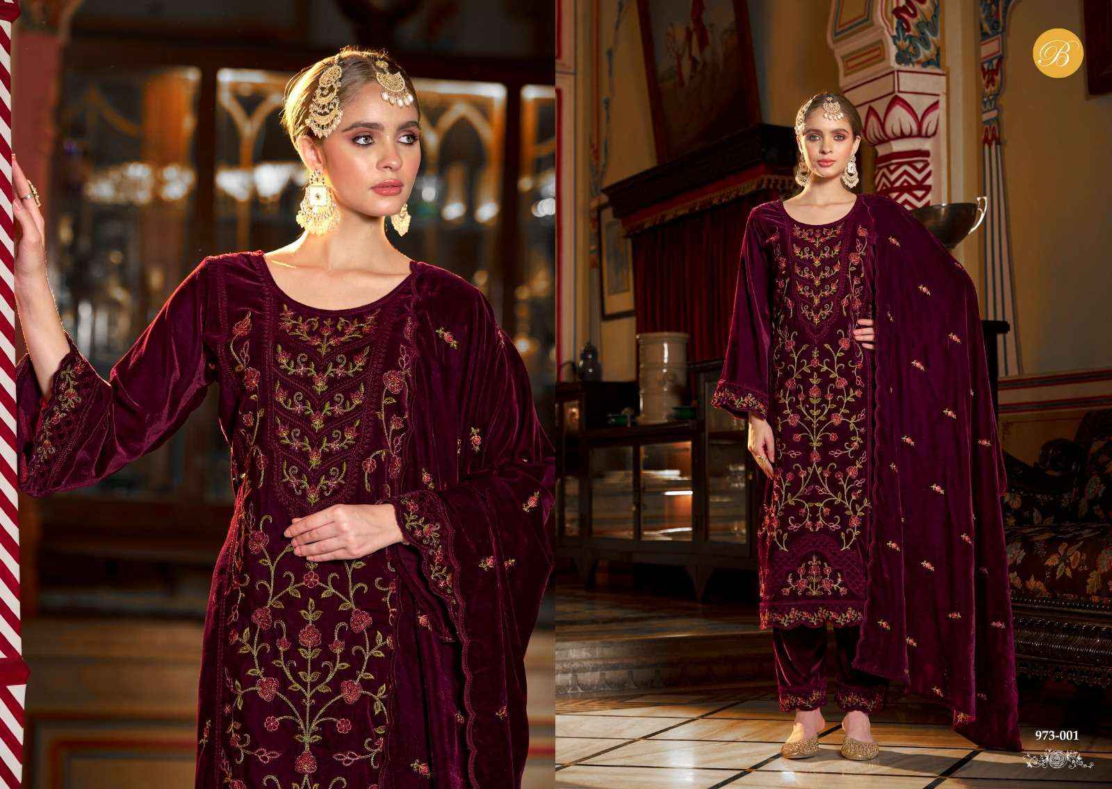 BELLIZA DESIGNER NOORIYAT WHOLESALE VELVET LADIES DESIGNER SUIT ( 4 PCS CATALOG )