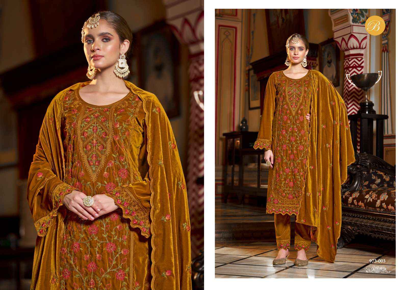 BELLIZA DESIGNER NOORIYAT WHOLESALE VELVET LADIES DESIGNER SUIT ( 4 PCS CATALOG )