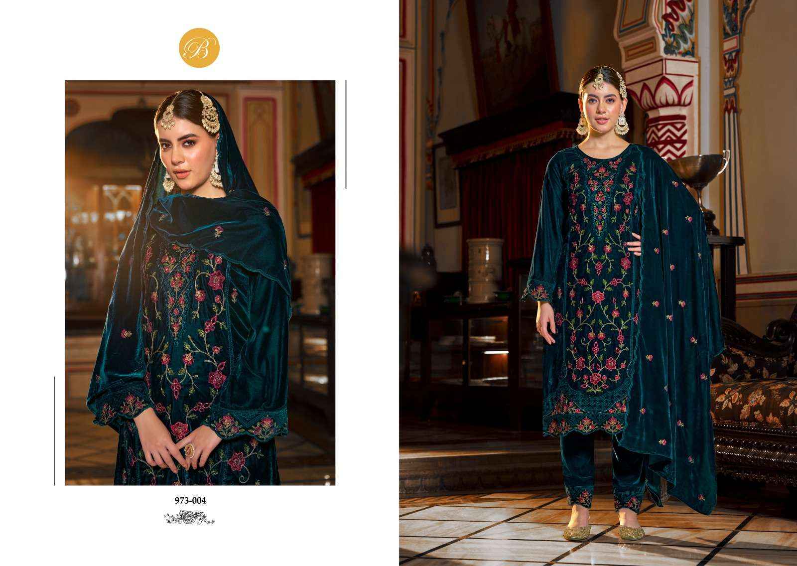 BELLIZA DESIGNER NOORIYAT WHOLESALE VELVET LADIES DESIGNER SUIT ( 4 PCS CATALOG )