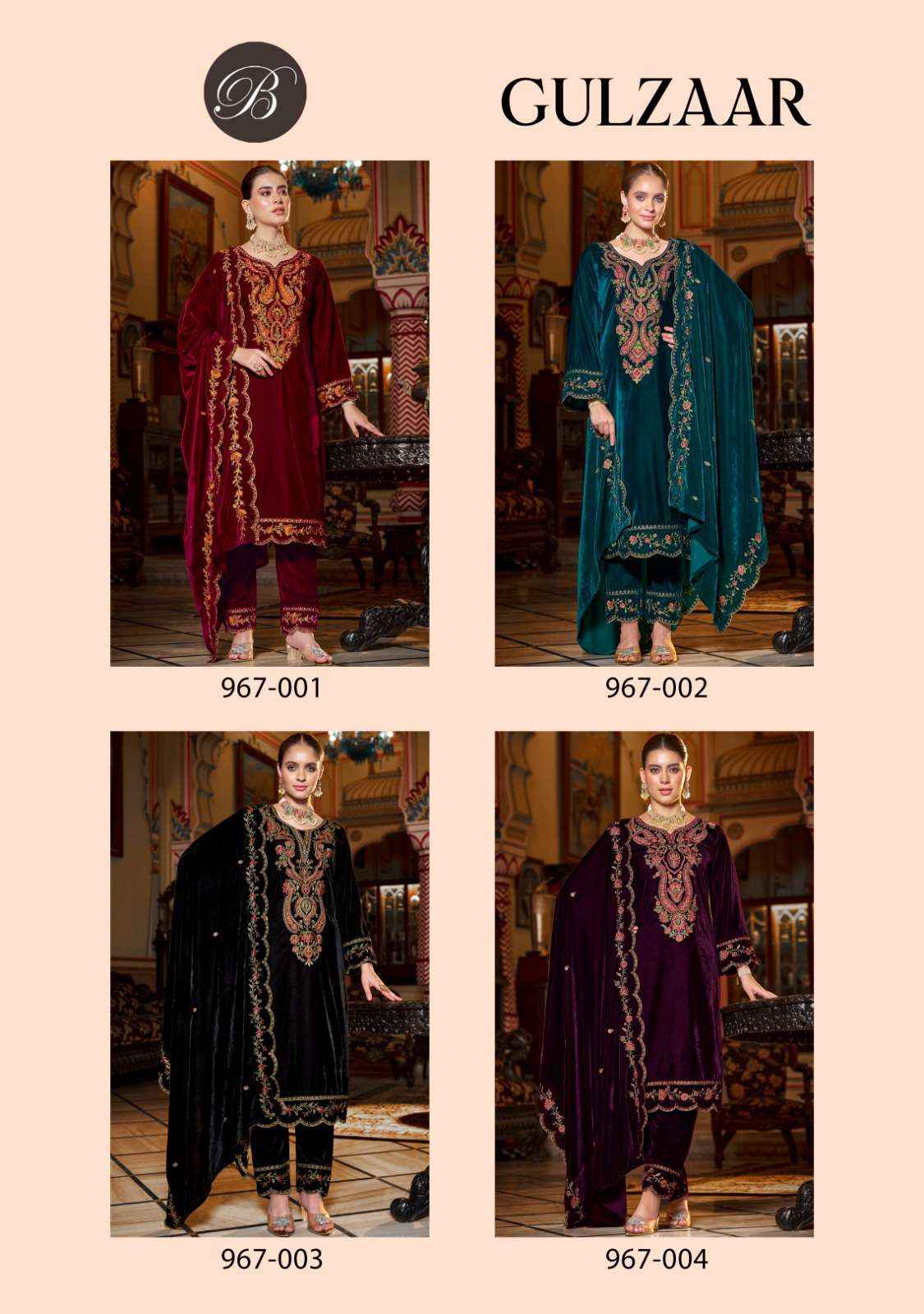 BELLIZA DESIGNER STUDIO GULZAAR VELVET EMBROIDERY WORK SUIT ( 4 PCS CATALOG )