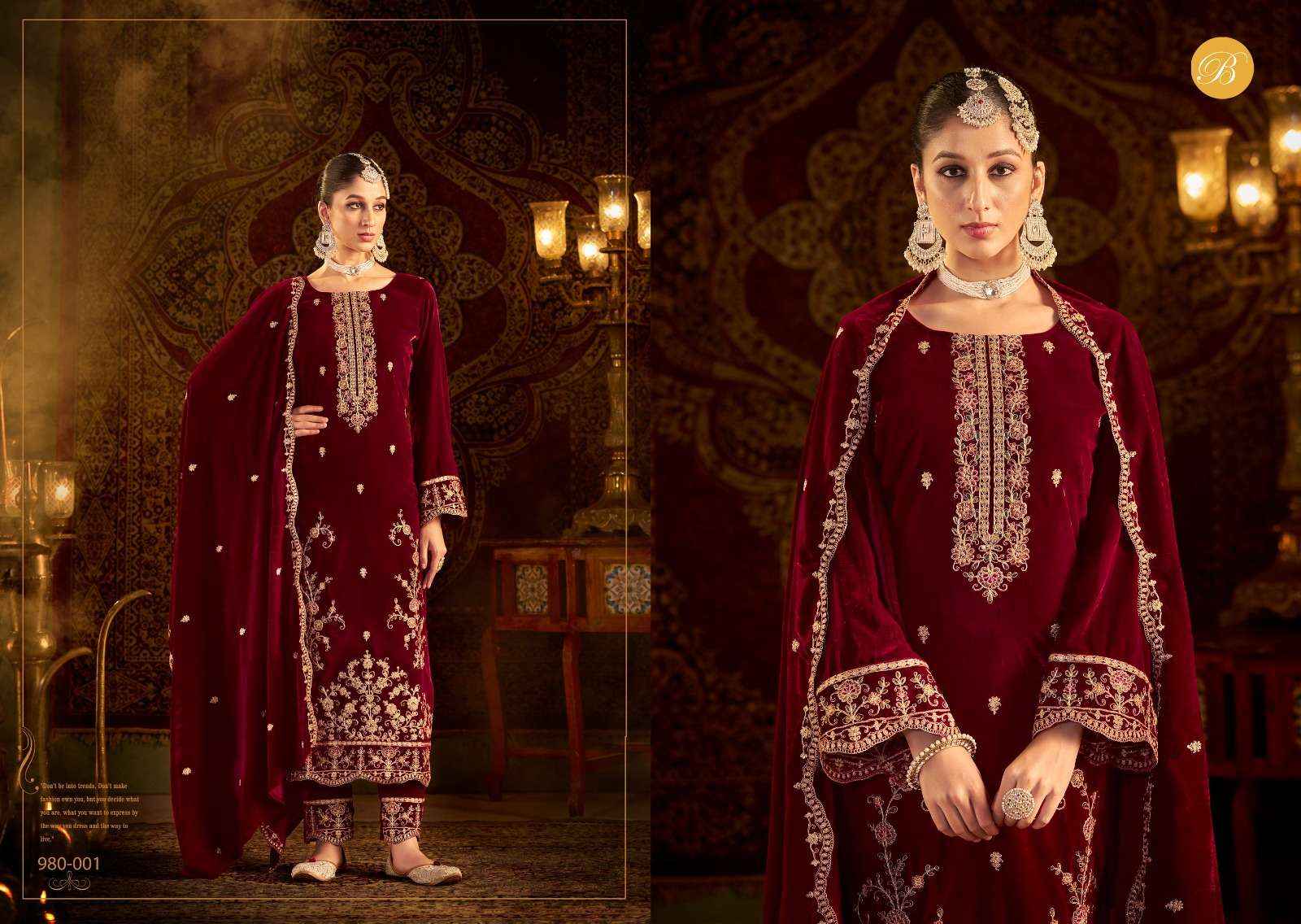 BELLIZA DESIGNER STUDIO KALAMKAARI VELVET SALWAR KAMEEZ ( 4 PCS CATALOG )