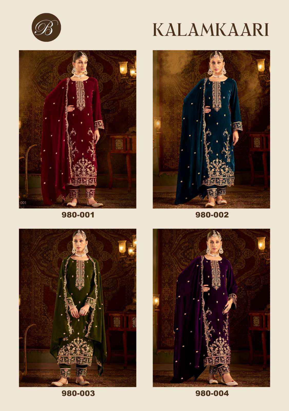 BELLIZA DESIGNER STUDIO KALAMKAARI VELVET SALWAR KAMEEZ ( 4 PCS CATALOG )