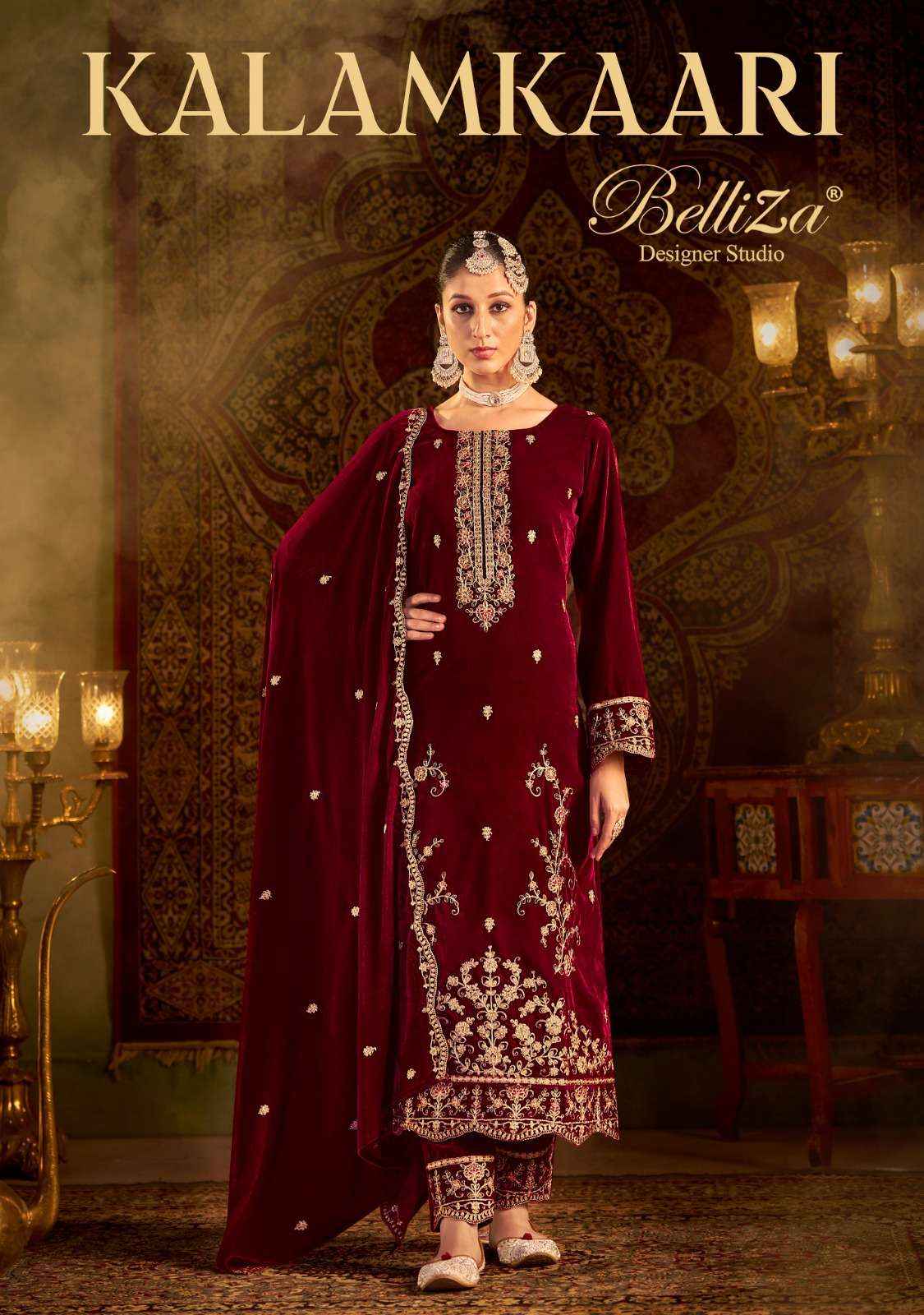 BELLIZA DESIGNER STUDIO KALAMKAARI VELVET SALWAR KAMEEZ ( 4 PCS CATALOG )